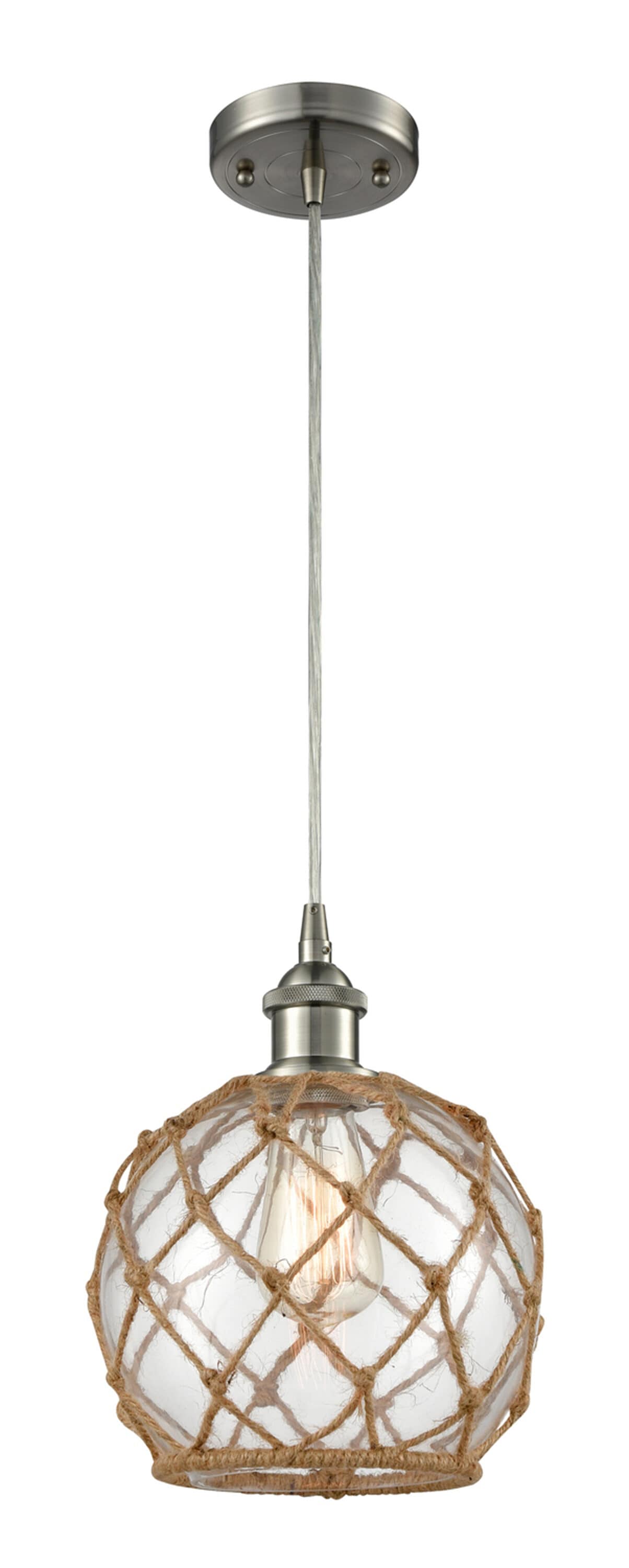 Innovations Lighting 516-1P-SN-G122-8RB Farmhouse Rope Brushed Satin Nickel, Clear Glass with Brown Rope Industrial Clear glass Globe Medium Hanging Pendant light