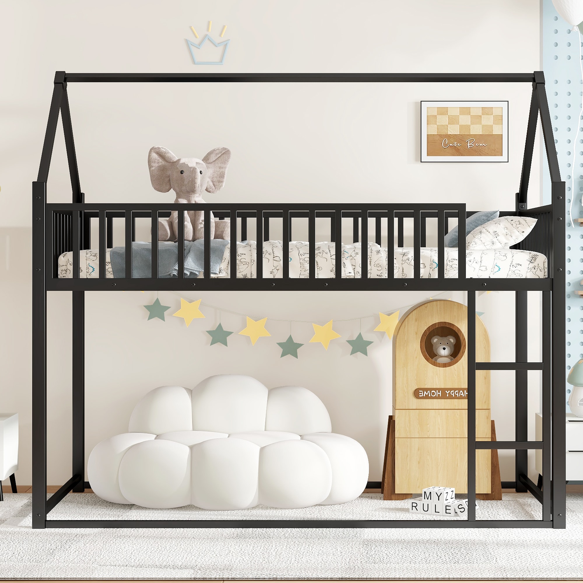 LOVMOR SF-Y-W1580P324213 Twin size House Floor Bed with Detachable Slats Versatile Metal House bed with Guardrails Transformable Design can Transform into a Loft Bed Transformable Design and Noise-reduce Black