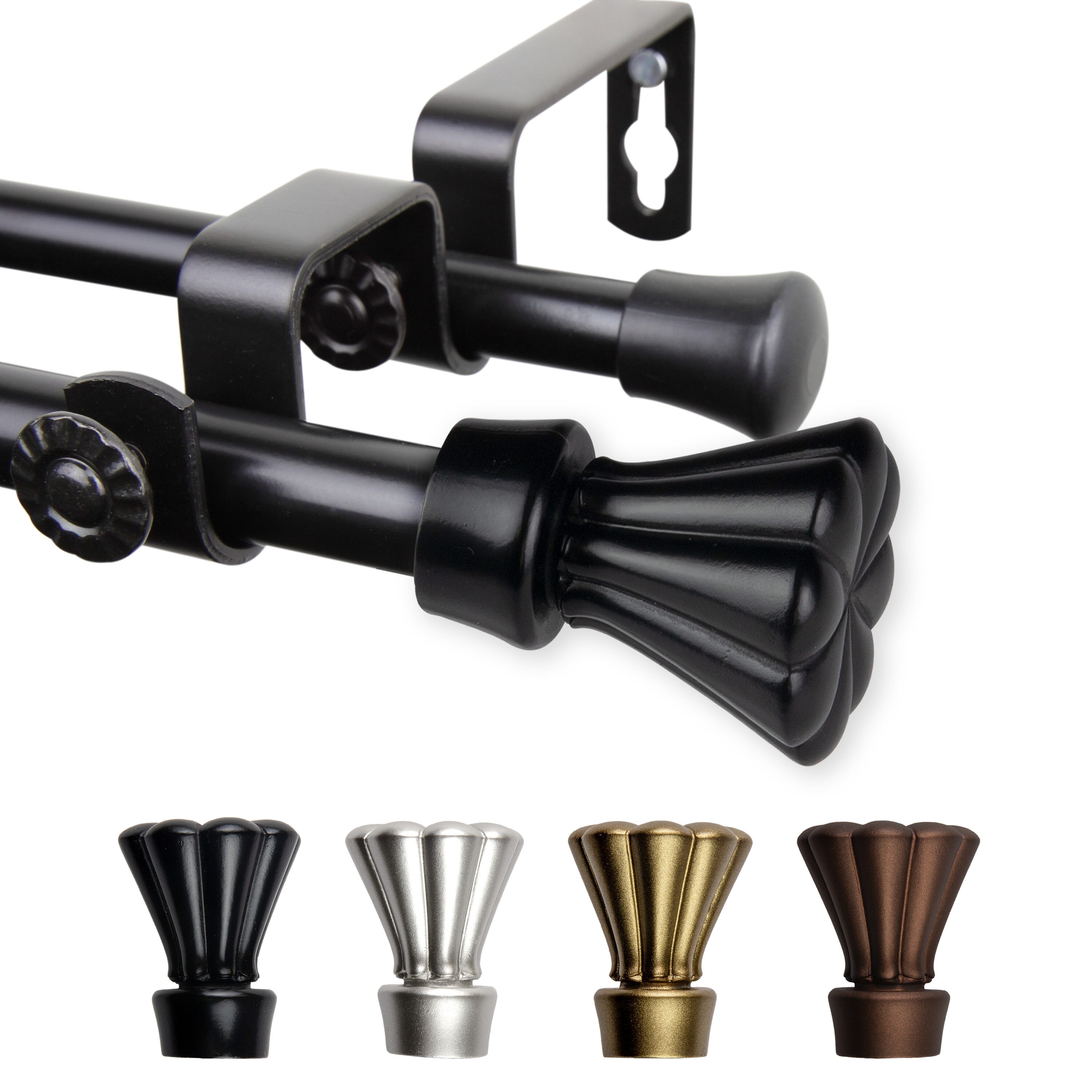 Hart & Harlow L-5717-482D Nicole 5/8-in 48-in to 84-in Black Steel Double curtain rod with Finials