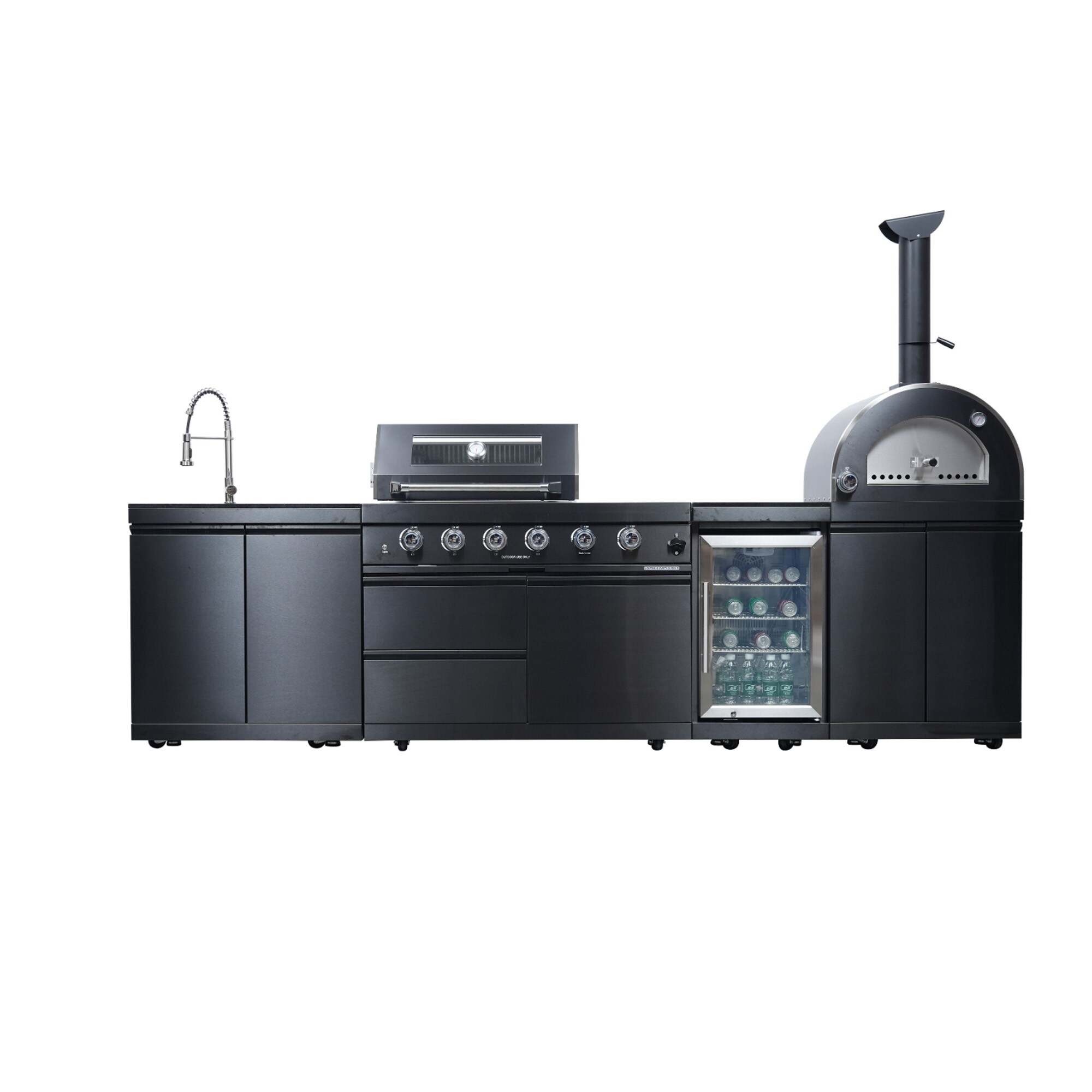 Wooakway Black 125.4-Inch 107000 BTU Propane Gas Outdoor Kitchen Island Grill with Pizza Oven Refrigerator  Rotisserie