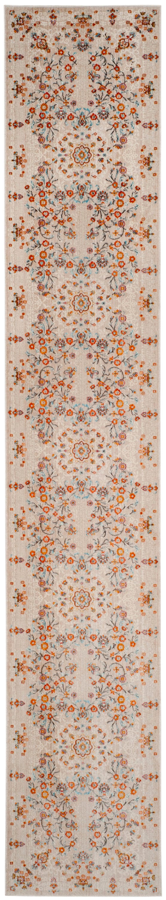 Gray and Beige Floral Motif Synthetic Runner Rug