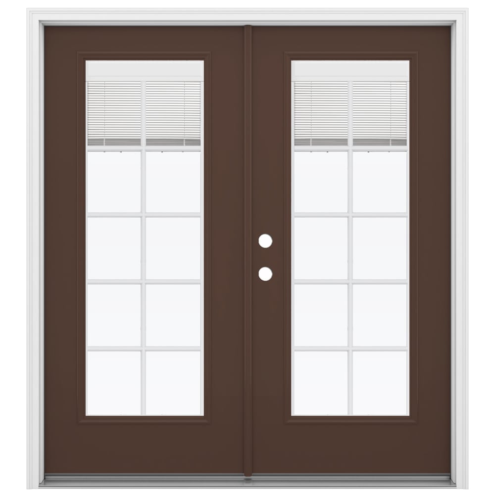 JELD-WEN LOWOLJW205900254 72-in x 80-in x 4-9/16-in Jamb Low-E Blinds and grilles between the glass , Dark Chocolate Steel Right-hand inswing French Double Patio Door Brickmould Included