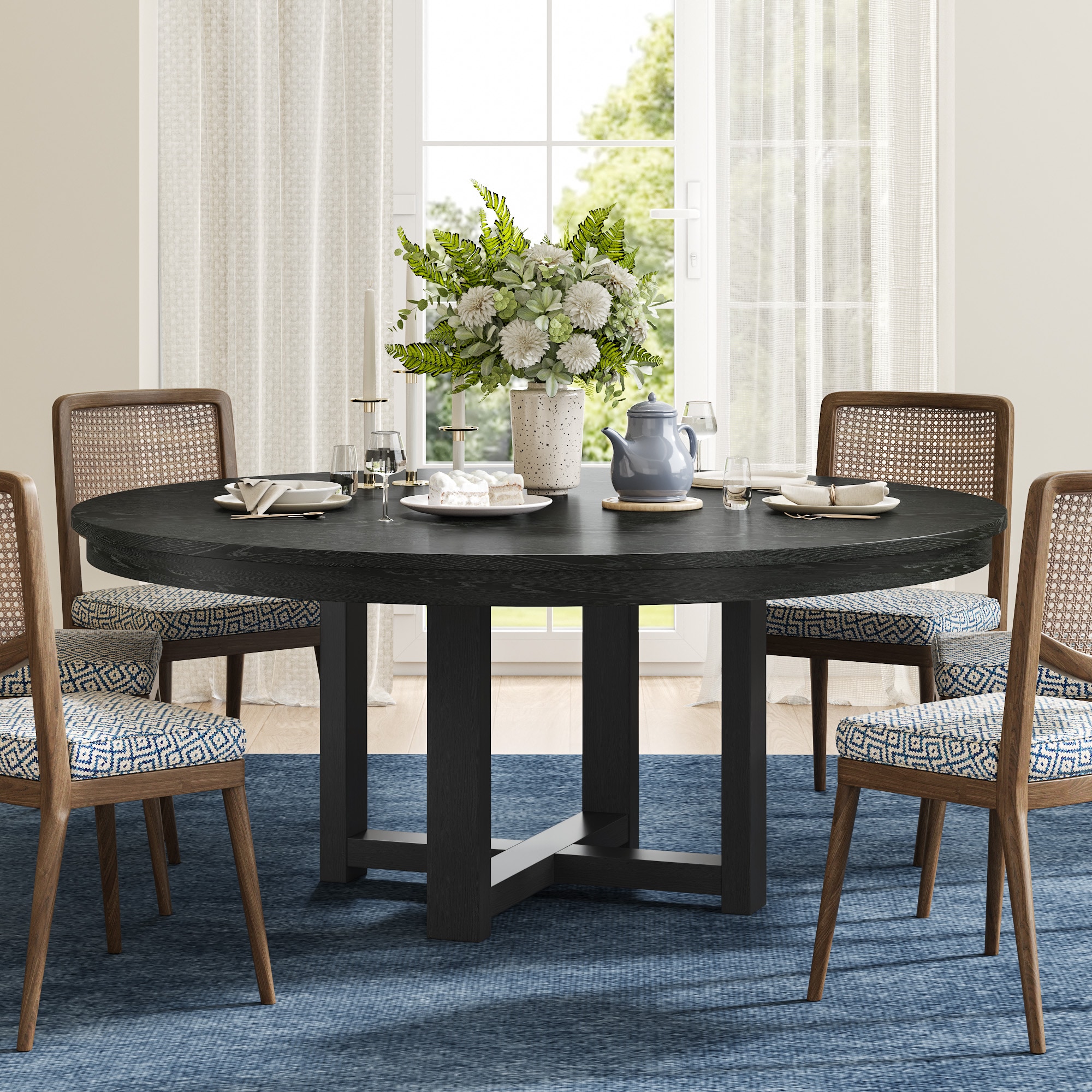 REIBII 59 Inch Solid Wood Round Dining Table with Double Pedestal Large Kitchen Table Seats 6 for Dining Room Black