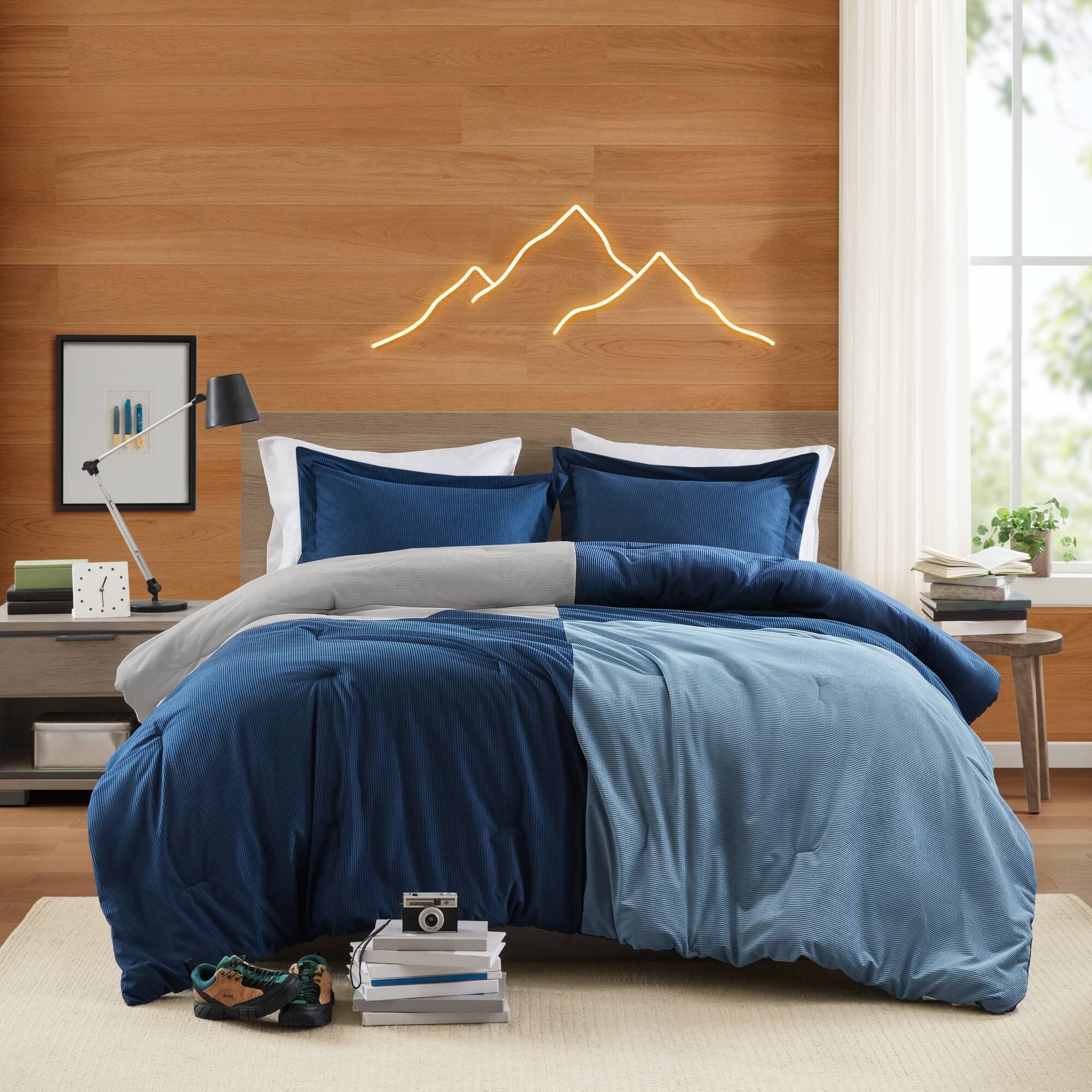 Roomfitters 3Piece Full/Queen Colorblock Corduroy Comforter Bedding Set with Pillow Sham Blue #RF-B035P529056
