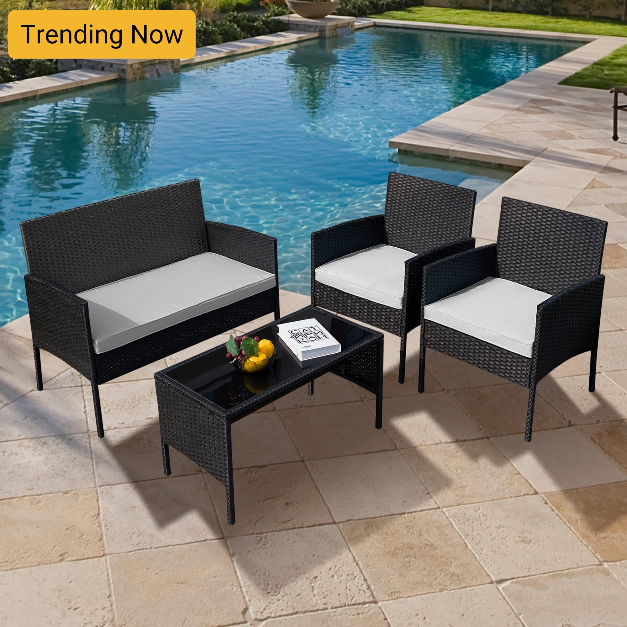 Grearden LS-ZHNF2109-TA Conversation Set 4 -Piece Rattan Patio Conversation Set with Tan Cushions