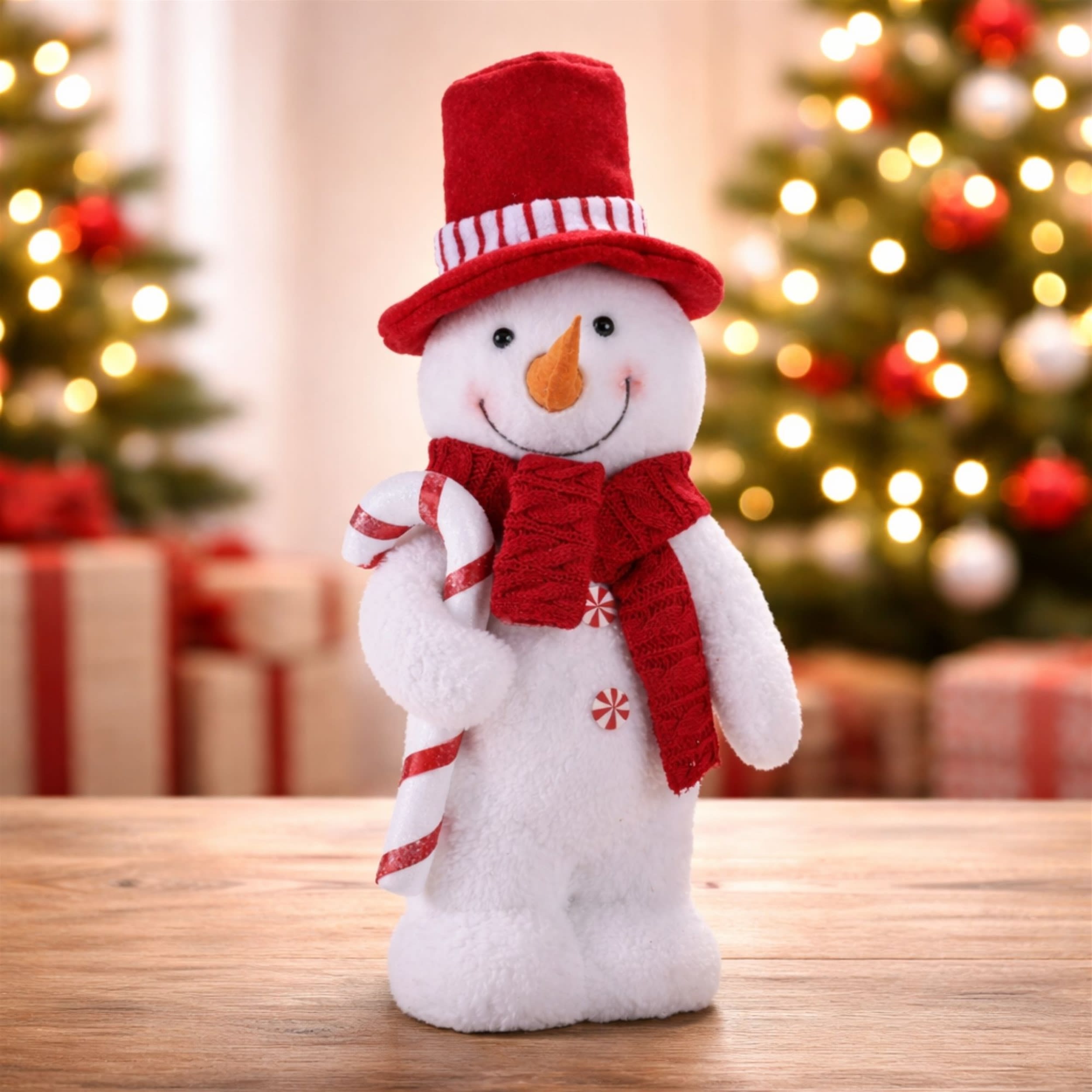 Melrose International Plush Snowman Figurine with Candy Cane and