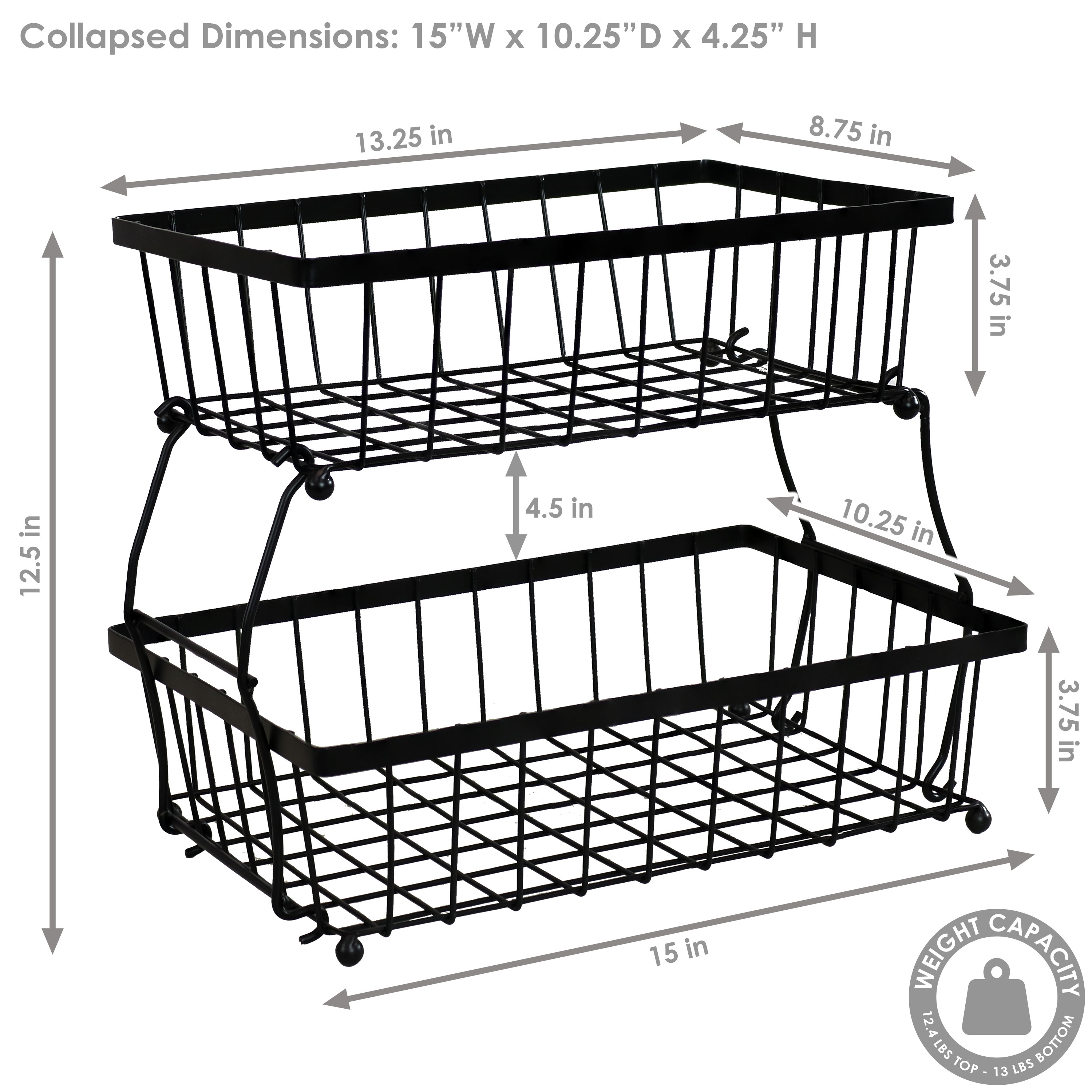 Black Metal 2-Tier Collapsible Fruit Basket