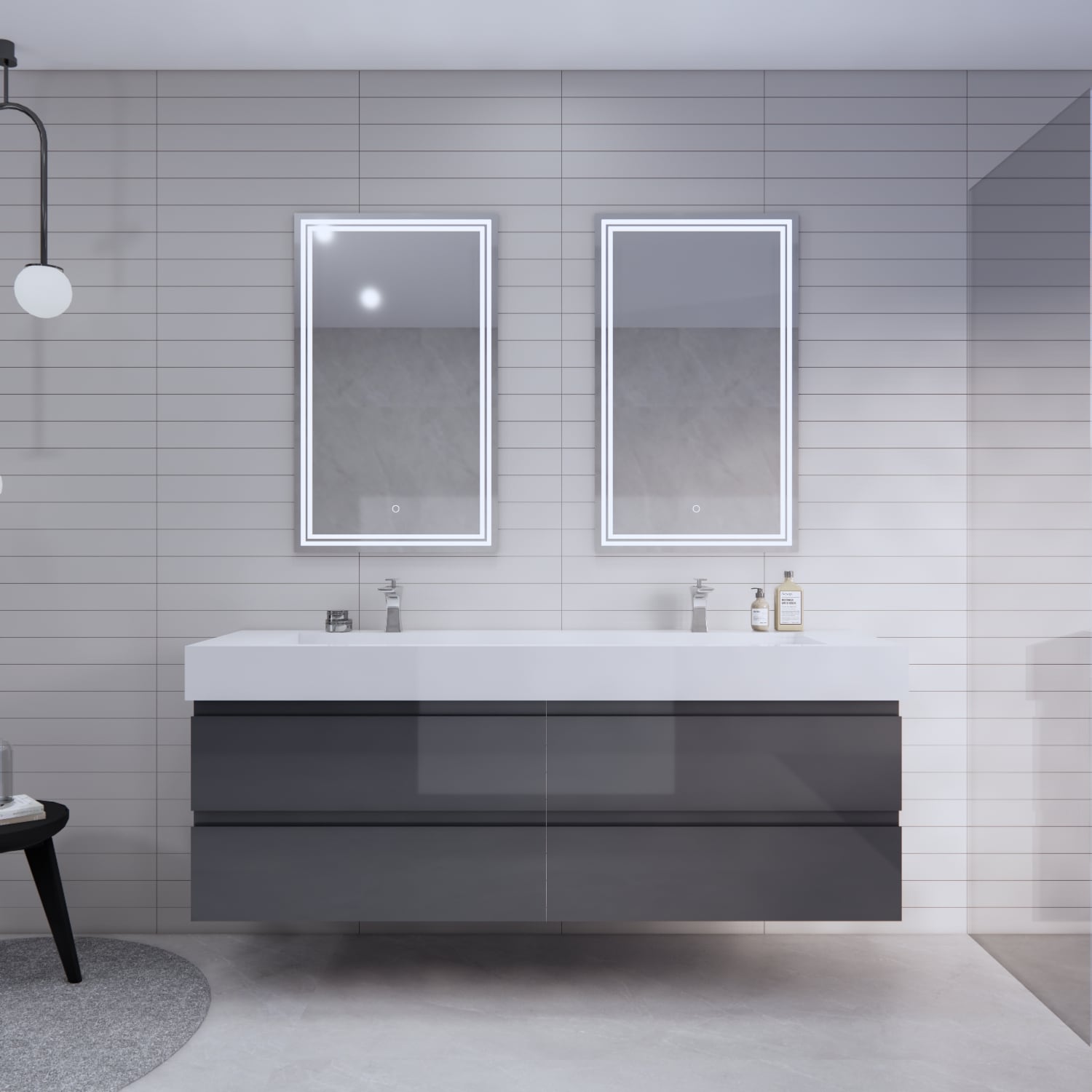 BV Better Vanity BTB-72D-GR Monterey 72-in High Gloss Grey Double Sink Floating Bathroom Vanity with White Acrylic Top