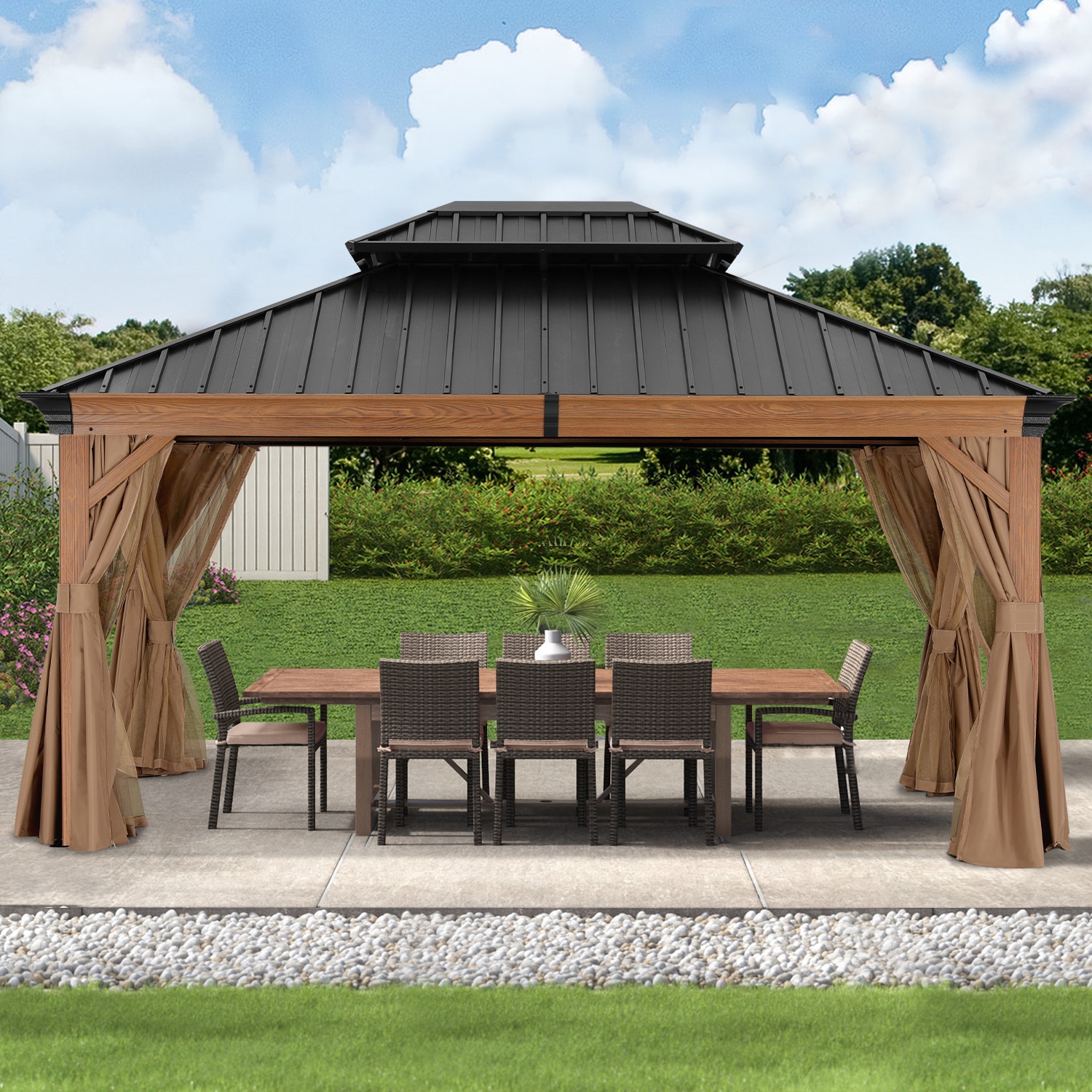 ABCCANOPY 12-ft X 16-ft Wood Grain Metal Rectangle Screened Gazebo With ...