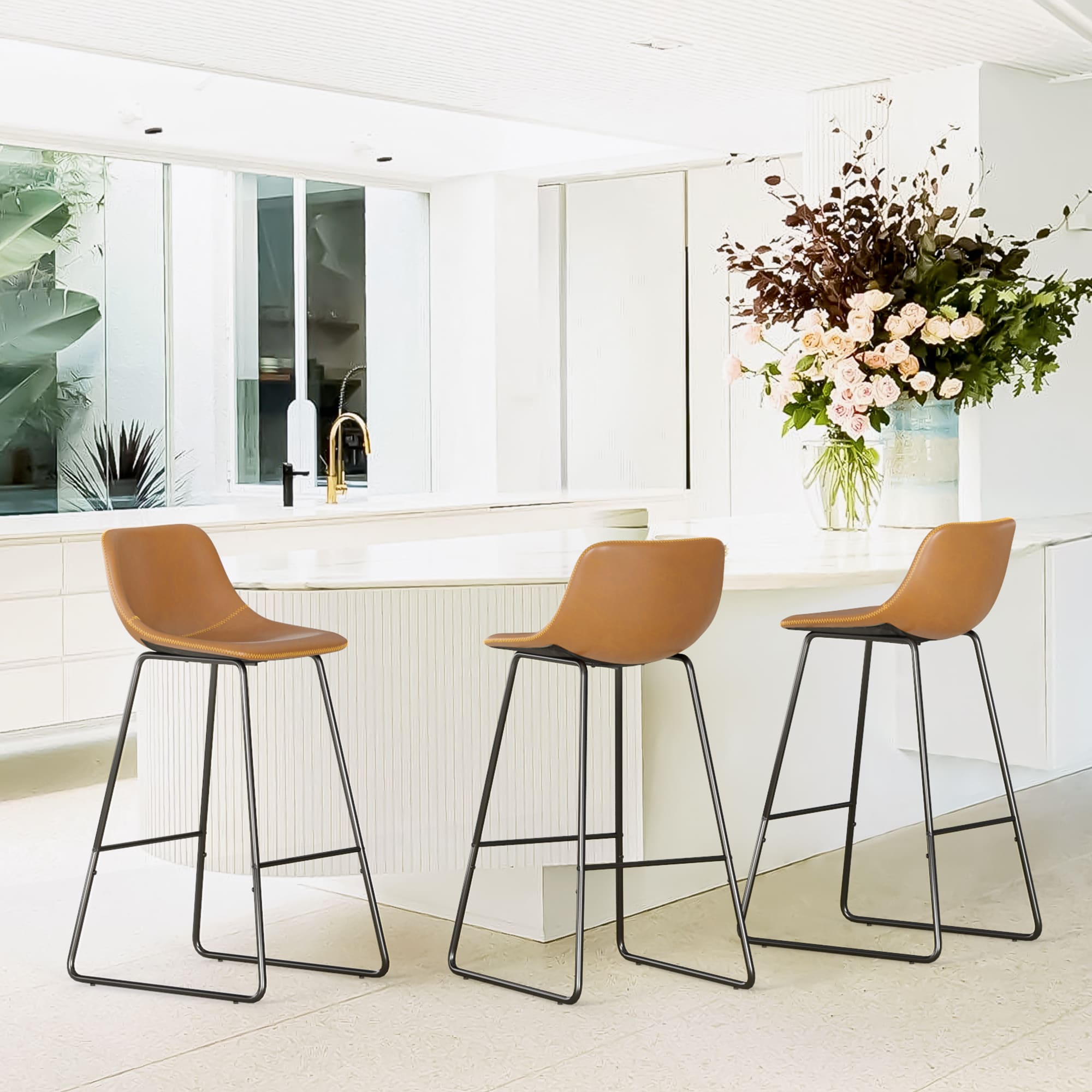 LUE BONA 3LB22CH0040-600LS Set of 3 Whiskey Brown 30-in H Bar height (28-in to 33-in) Bucket Seat Metal Back Bar Stool Back