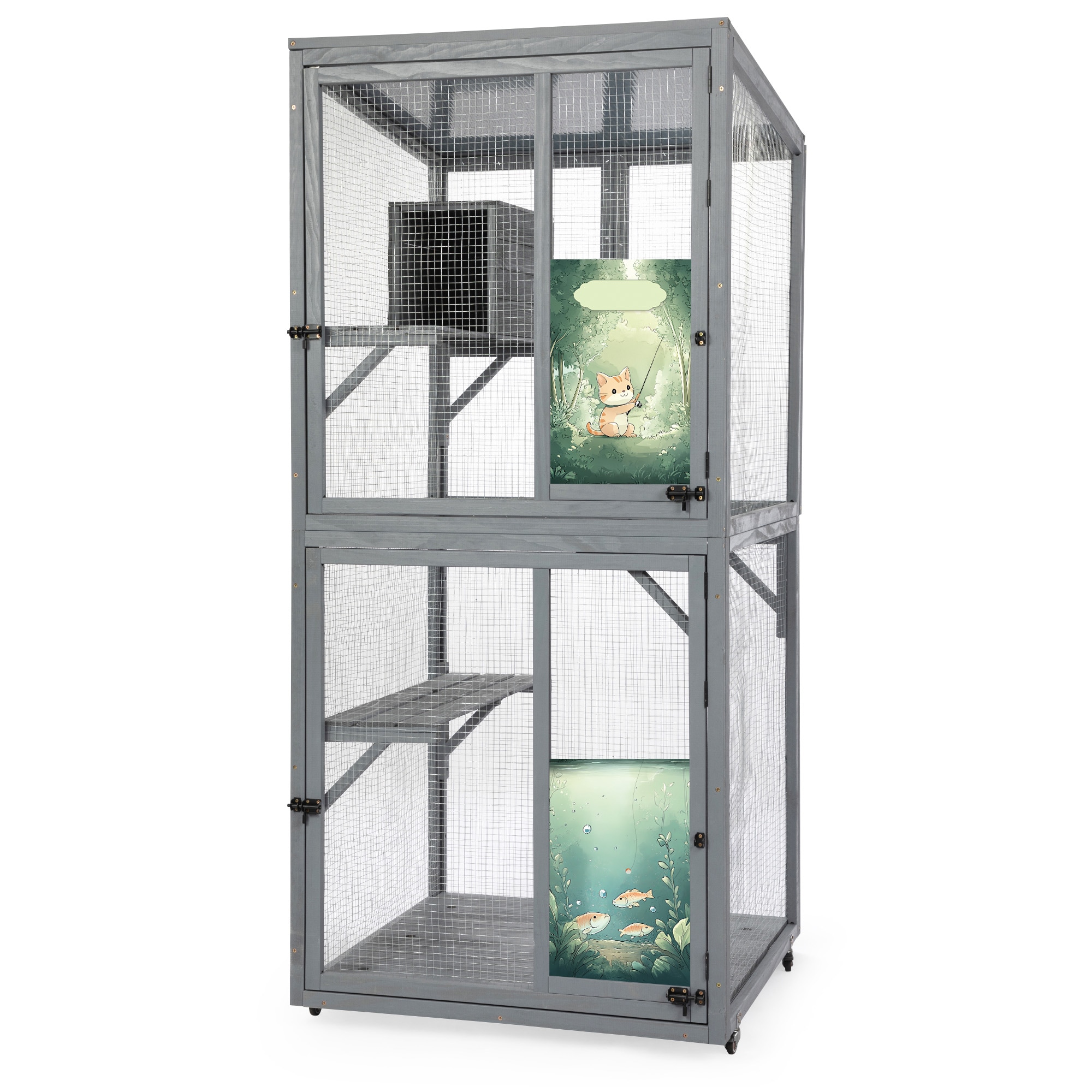 LOVMOR SF-L-W2181P356035 70 Inch Cat Window Catio House Outdoor Wood Cat Enclosure with Wheels Platforms Resting Gray