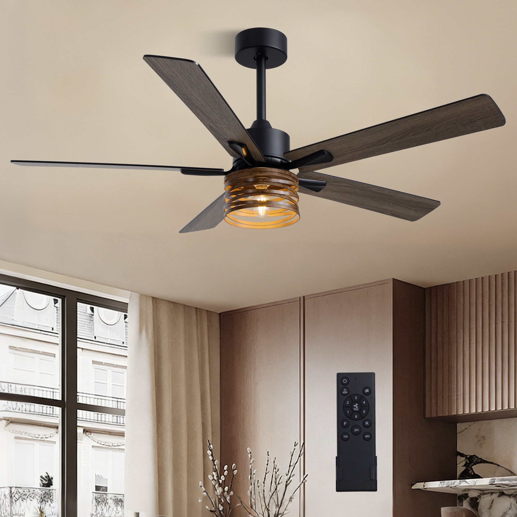 Antoine Farmhouse Low Profile 52-in Wood Grain with Wood Grain Blades Cage Ceiling Fan With Light and Remote Control Included 5 -Blade