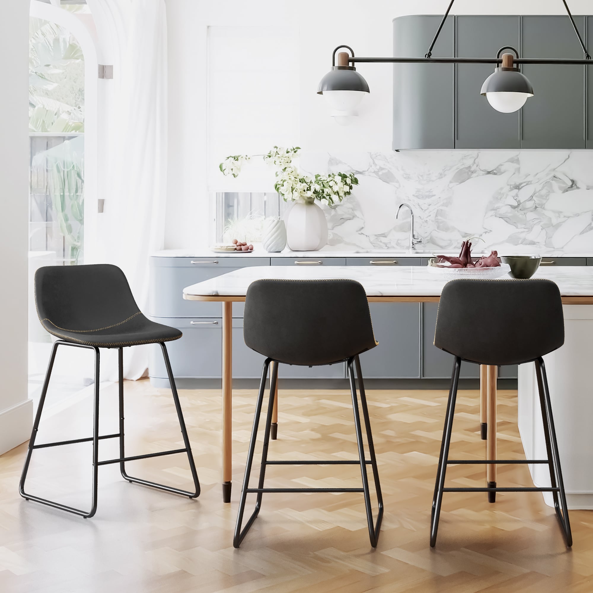 LUE BONA 3LB22CH0040-100LS Set of 3 Black 24-in H Counter height (24-in to 27-in) Bucket Seat Metal Back Bar Stool Back
