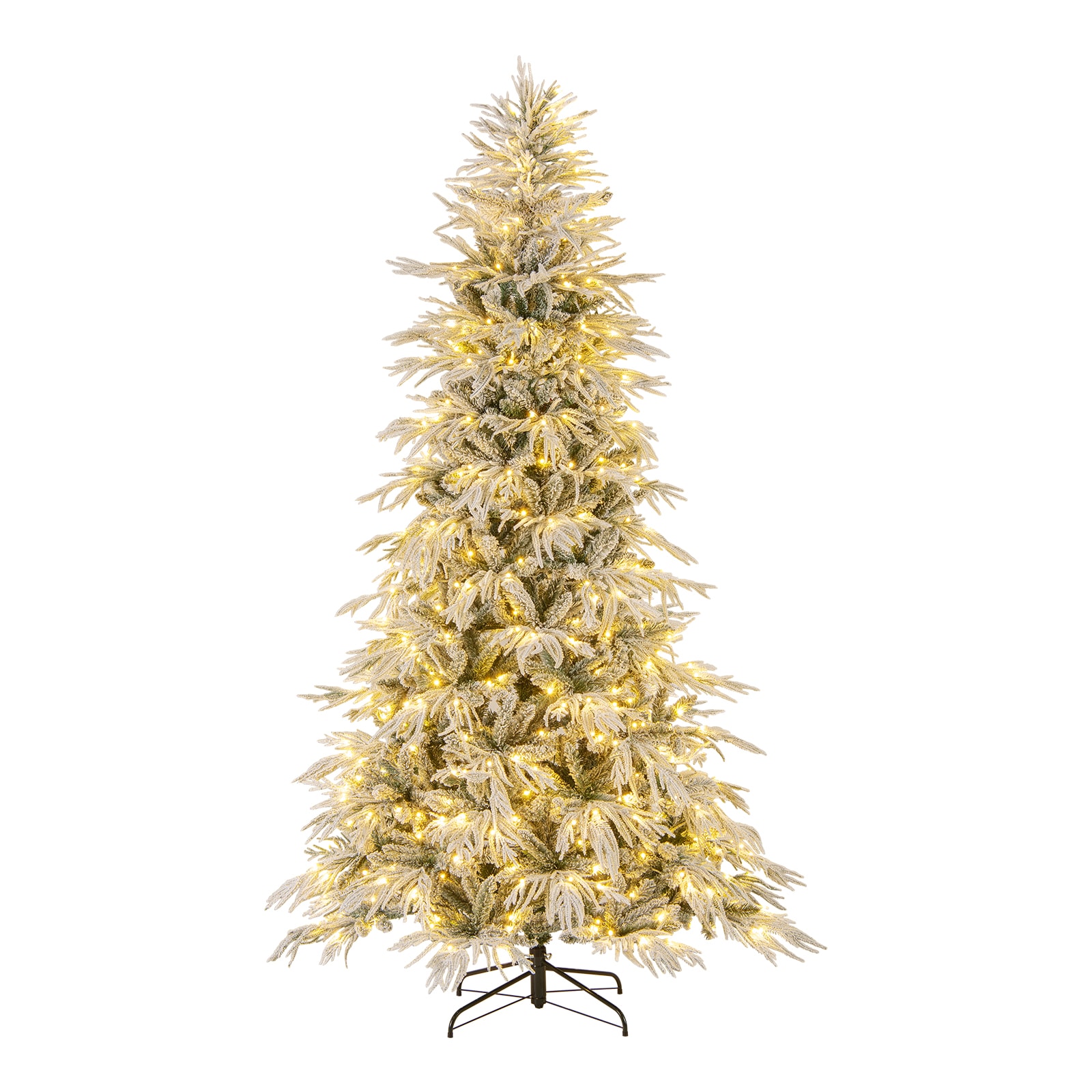 Slickblue 6/7/8 ft Pre Lit Full Snow Flocked Artificial Christmas Tree with Warm White LED Lights and Hinged Branch for Home Office or Mall Decoration