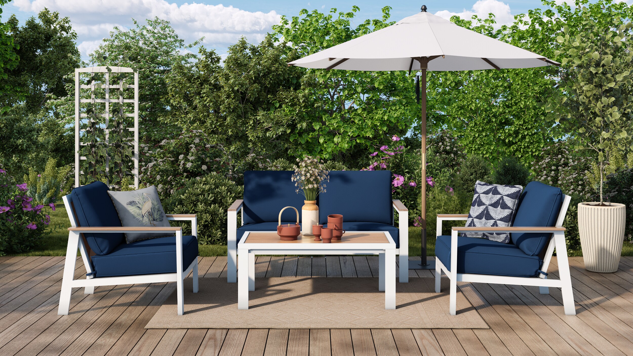 allen + roth Chatham Pier 4-Piece Patio Conversation Set with Blue Cushions