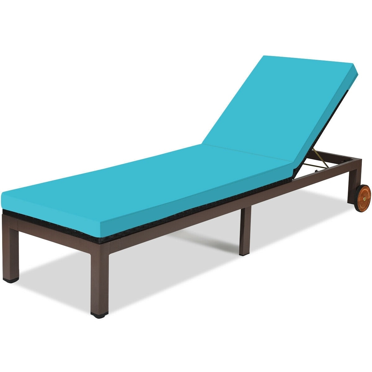 Slickblue D-CO-UT96686WH 1 PC- Rattan Metal Frame Chaise Lounge Chair with Beige/ Turquoise Cushioned Seat and 5-Position Adjustment and Wheels for Patio Garden Poolside or Deck