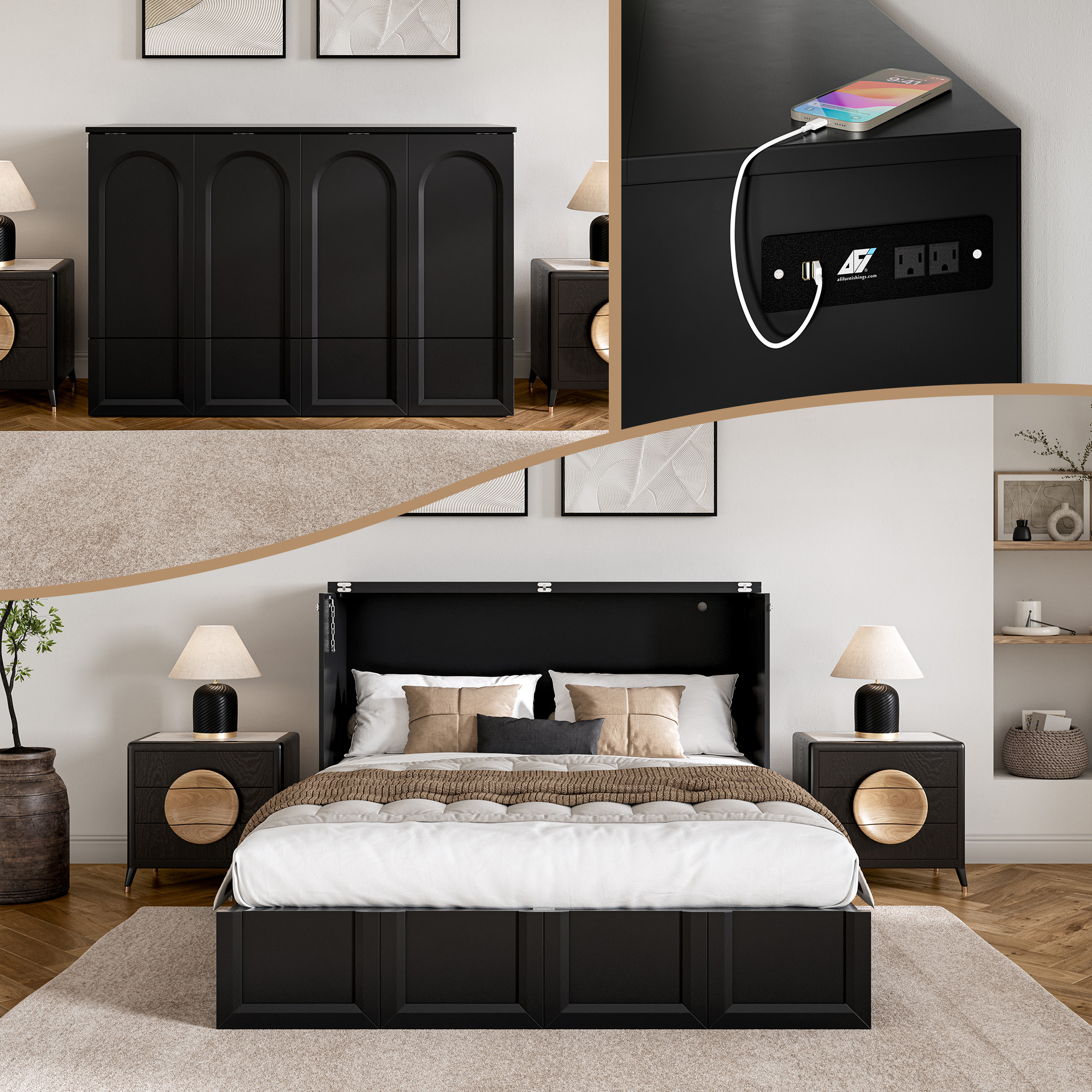 AFI Furnishings AC73414B Athena Black Queen Wood Murphy Bed with Storage