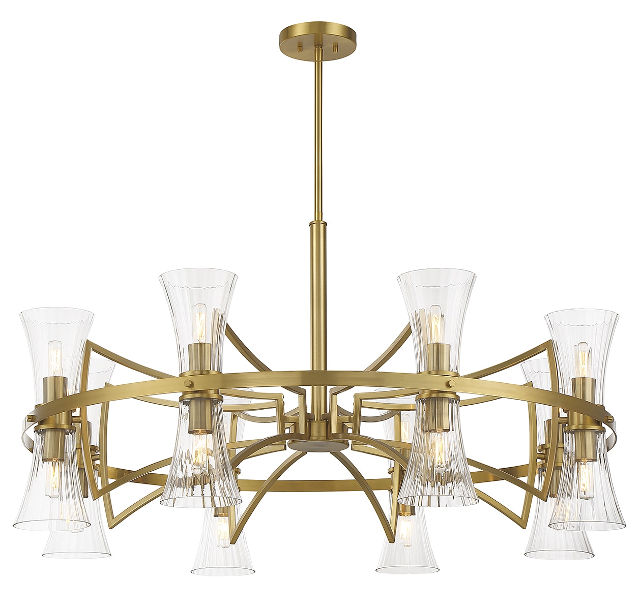 Bennington 16-Light Warm Brass Chandelier with Clear Ribbed Glass Shades