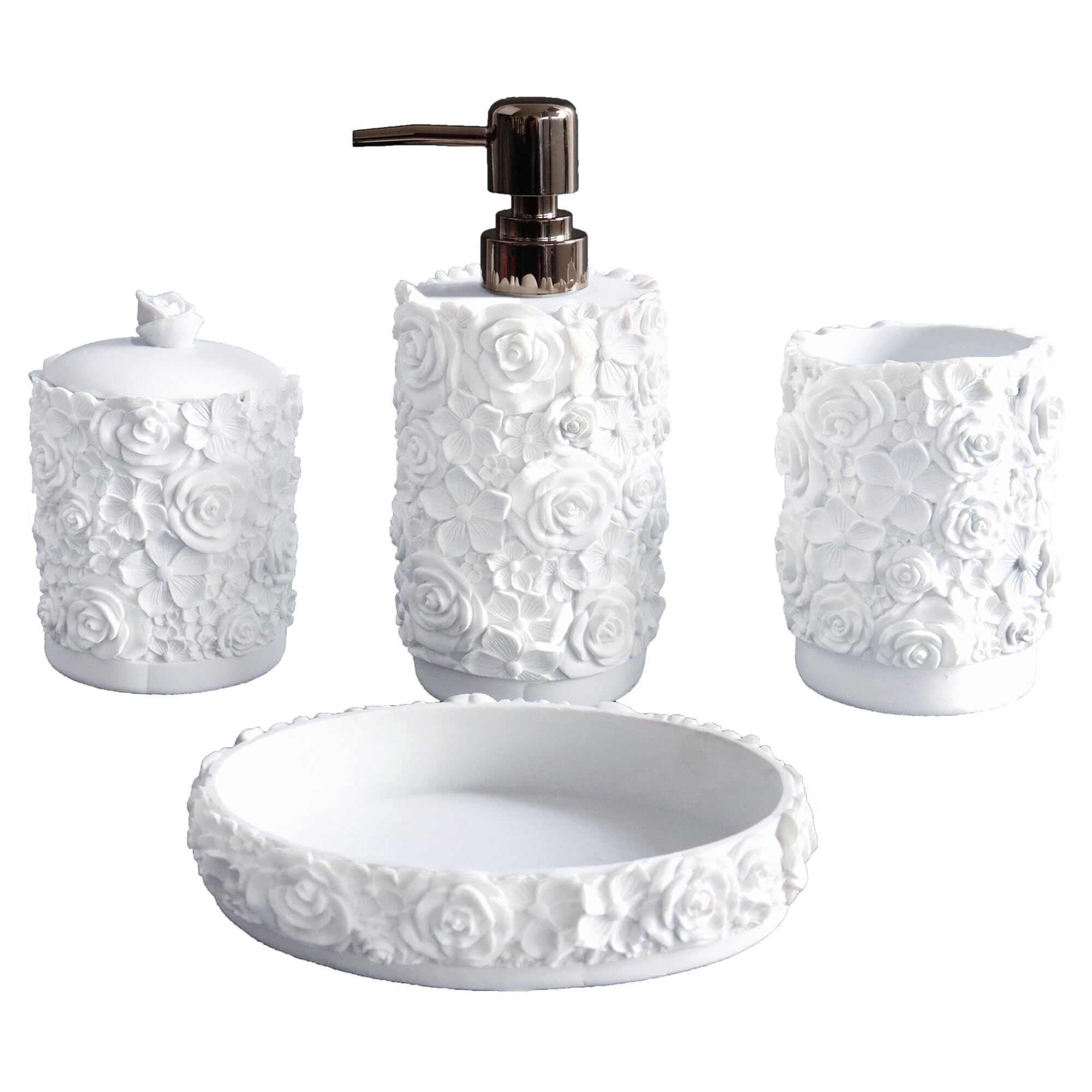Etokfoks  Bathroom Accessories Set Rose Design 4 Piece White Resin Cotton Swab Jar Soap Dispenser Soap Dish and Tumbler for Countertop