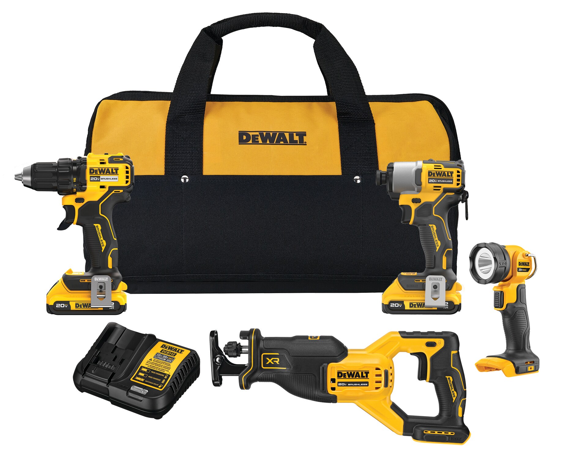 DEWALT 20V MAX 4-Tool Brushless Power Tool Combo Kit with Soft Case (2-Batteries and Charger Included)