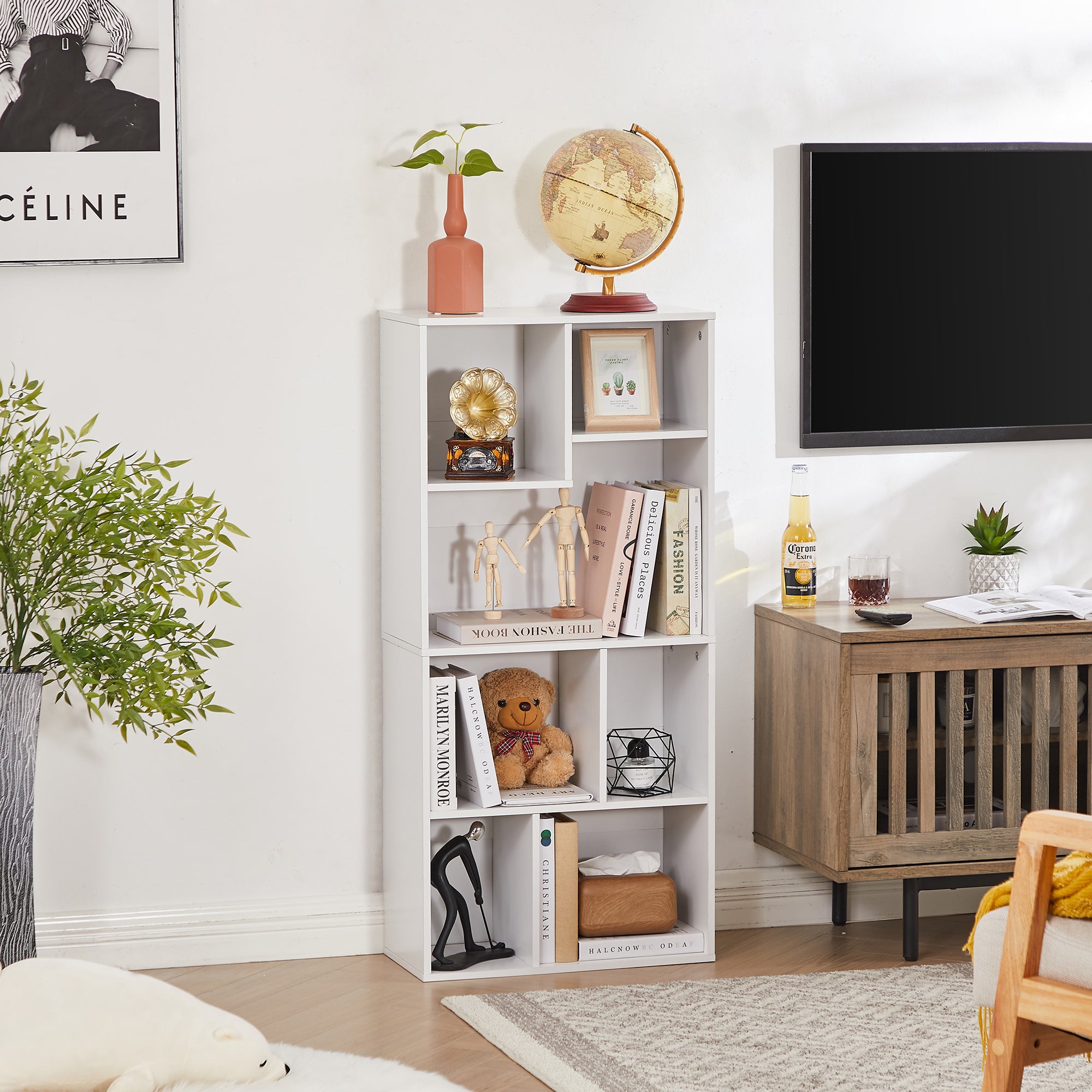 Vecelo LOE-B11-WHT 42 Inch High Bookcase 4 Tier Modern Storage Cabinet with Height Difference Shelves Floor Standing Display