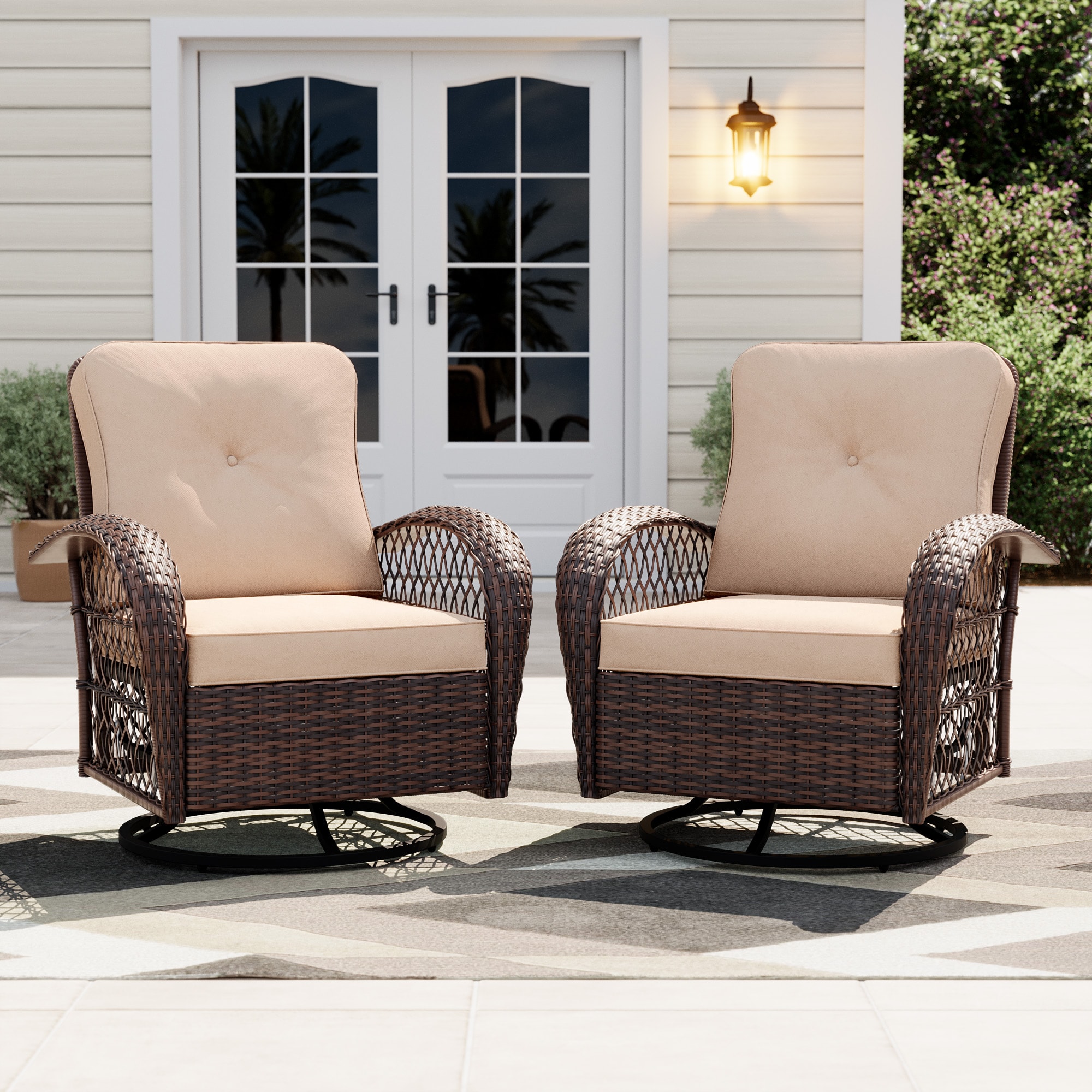 UPHA Y11BE-BEIGE 2-Pieces Patio Chairs Set of 2 Wicker Brown Iron Frame Swivel rocker Rocking Chair with Beige Cushioned Seat