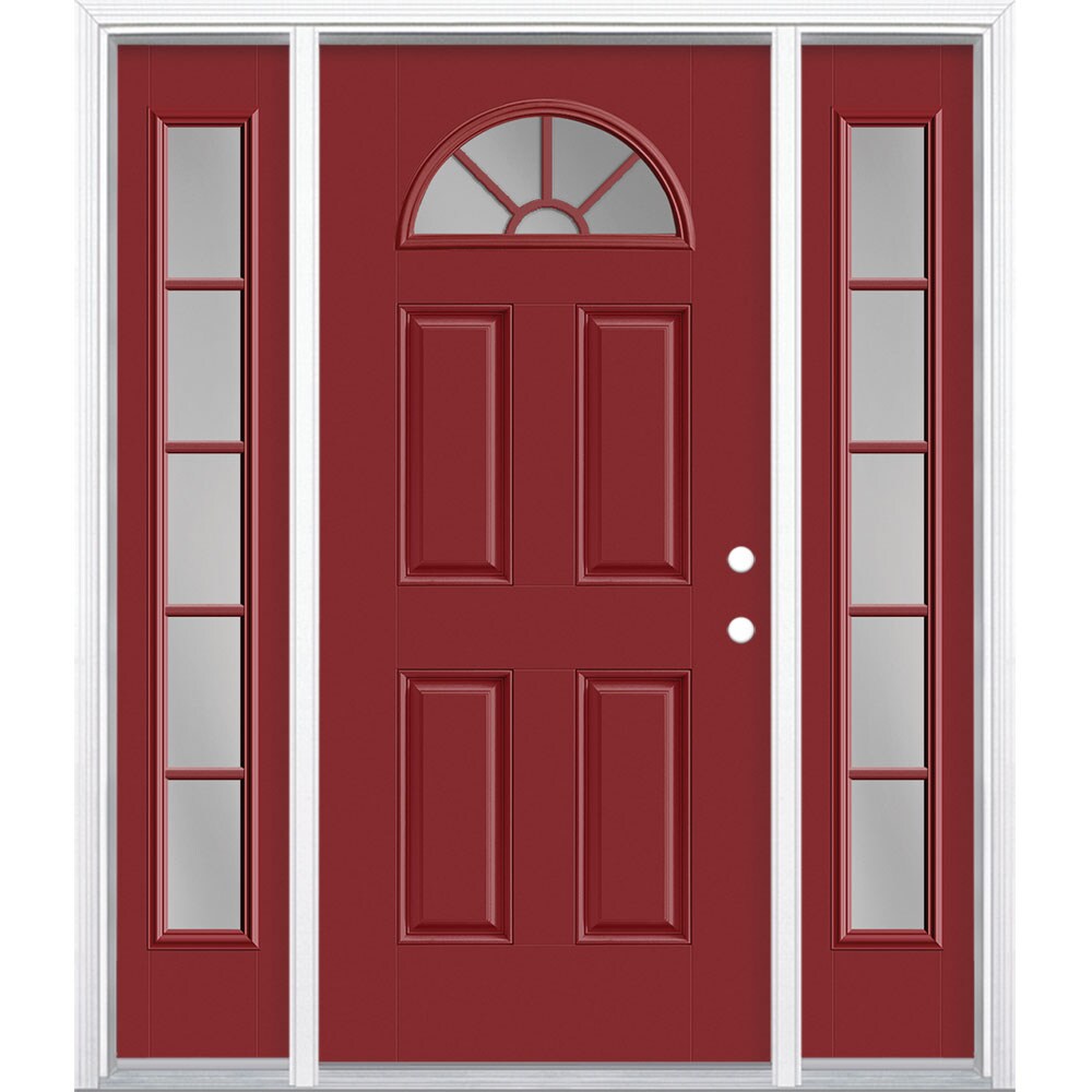 Masonite 1218441 60-in x 80-in x 4-9/16-in Fiberglass 1/4 lite Left-hand inswing Roma Red Painted Prehung Front Door with Sidelights with Brickmould Insulating core with Grilles