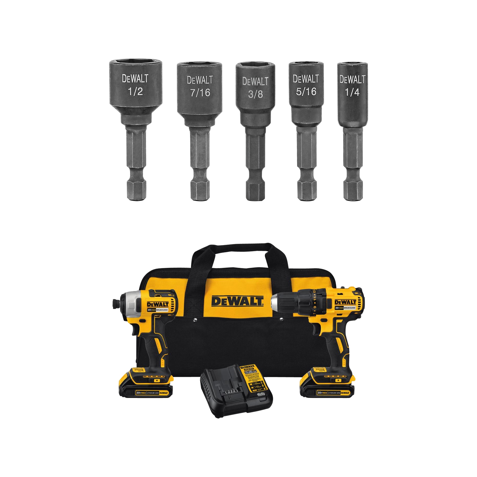 DEWALT 2-Tool 20-Volt Max Brushless Power Tool Combo Kit with Soft Case (2-Batteries and charger Included) & Impact Ready 5-Piece Set Nutsetter