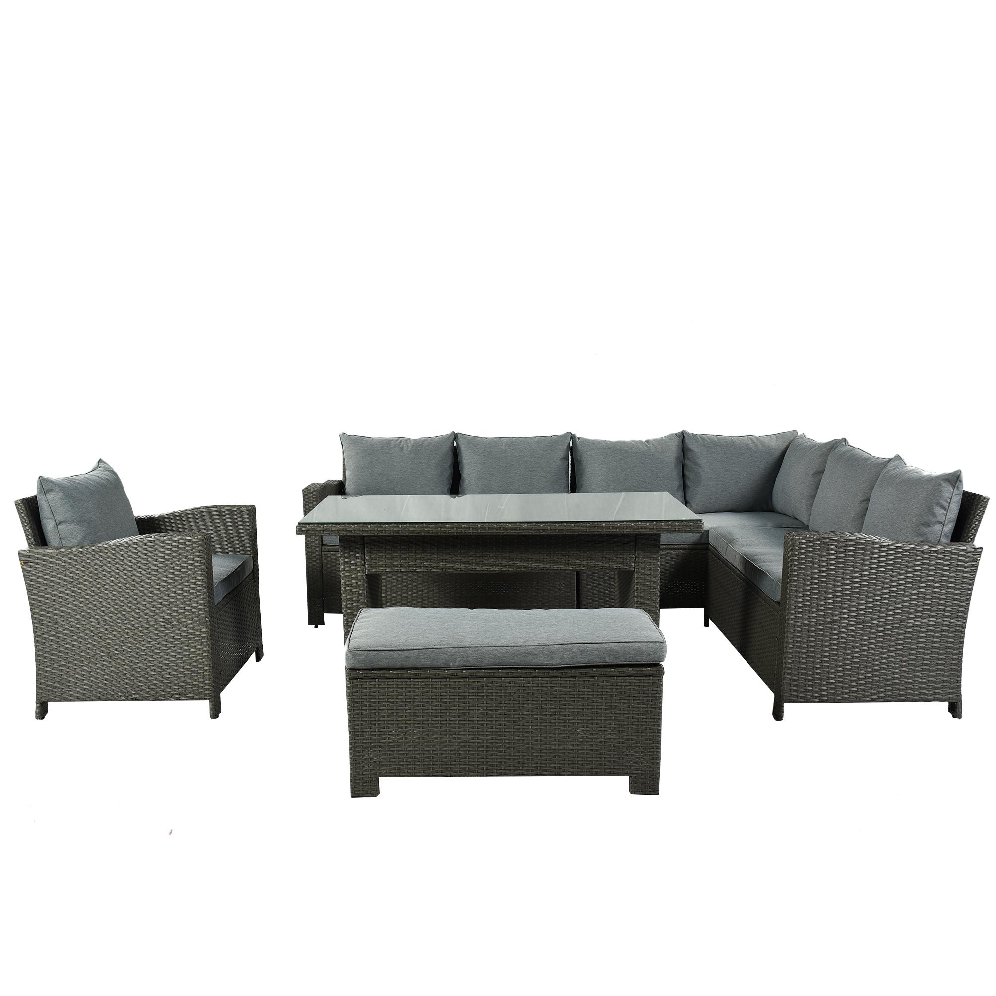 Bayfeve BFUS-262AE 6-Piece Rattan Patio Sectional Conversation Set with Gray Cushion and Dining Table
