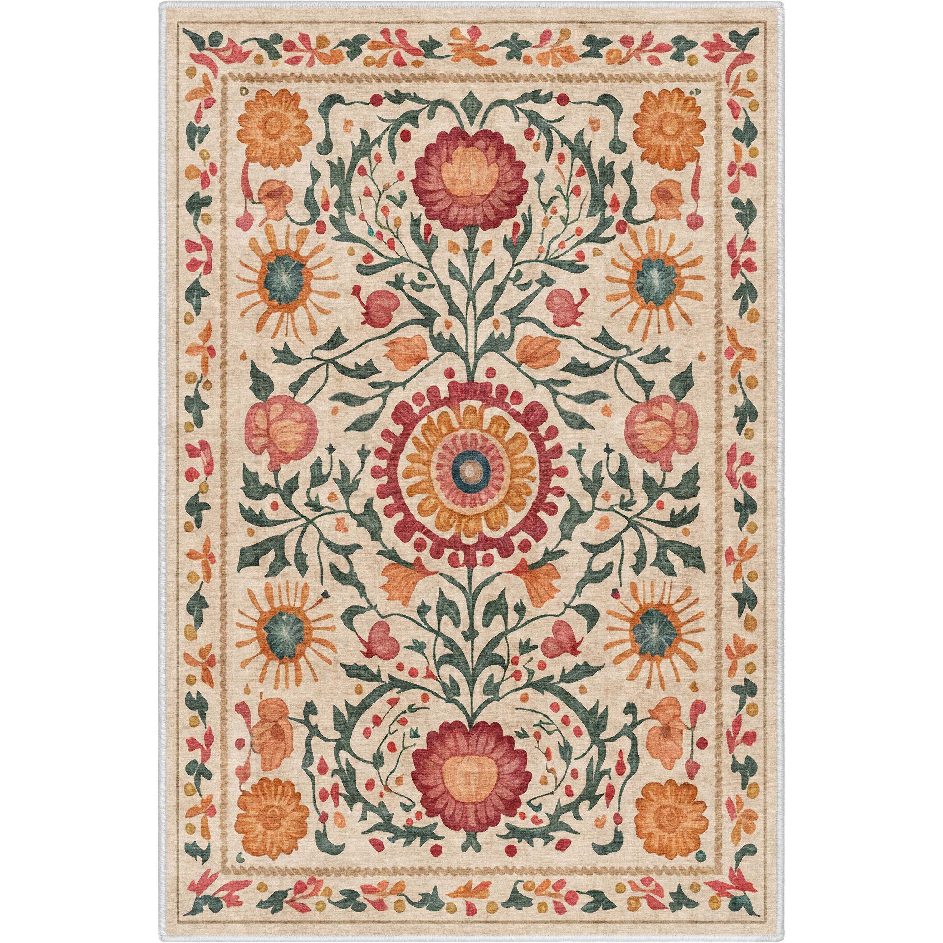 Suzani Beige 3'3" x 5' Floral Chenille Area Rug
