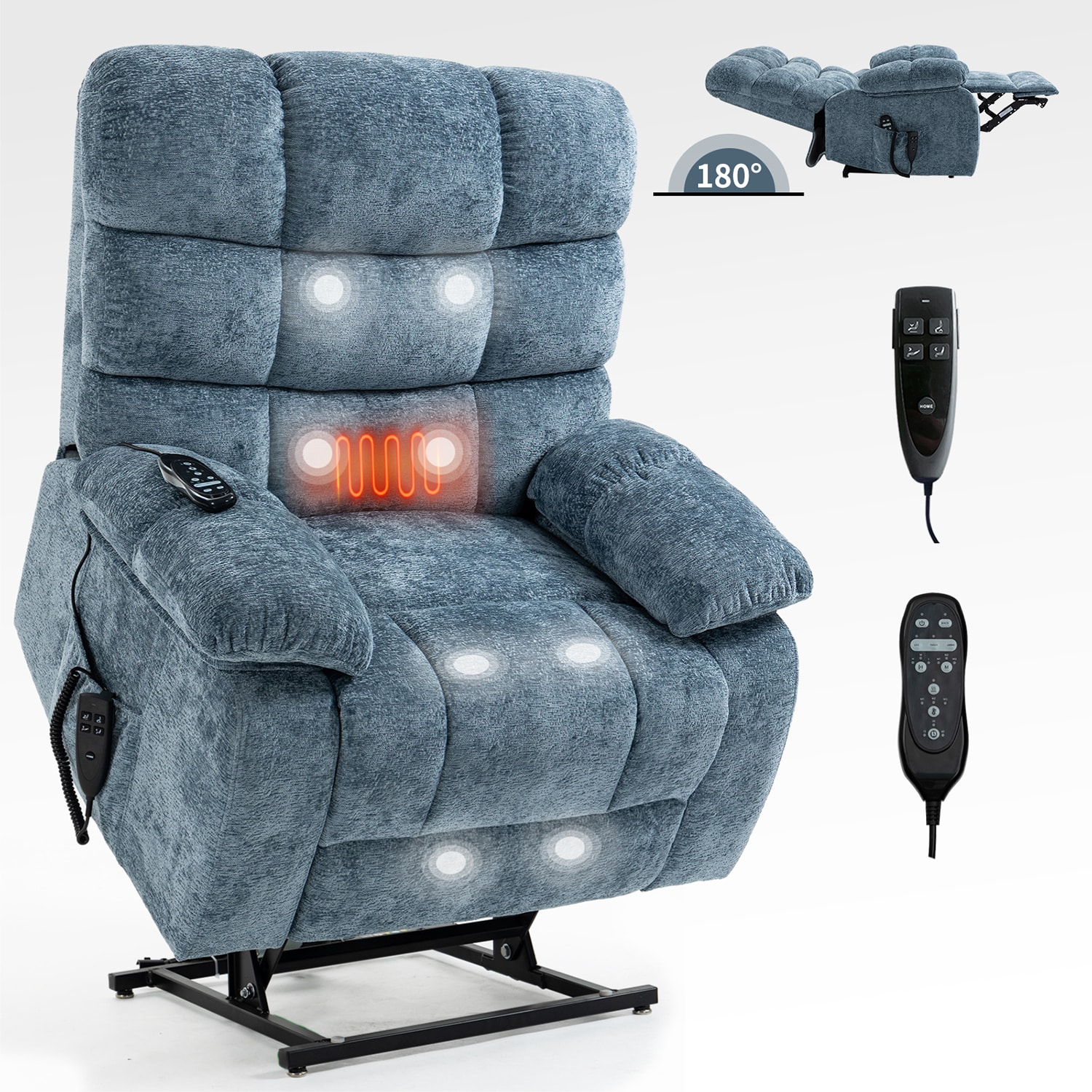 GZMR GZ-W10227 Heavy Duty Heat Massage Dual Motor Power Lift Recliner Blue Chenille Upholstered Powered Reclining Massage chair with Lift Assistance
