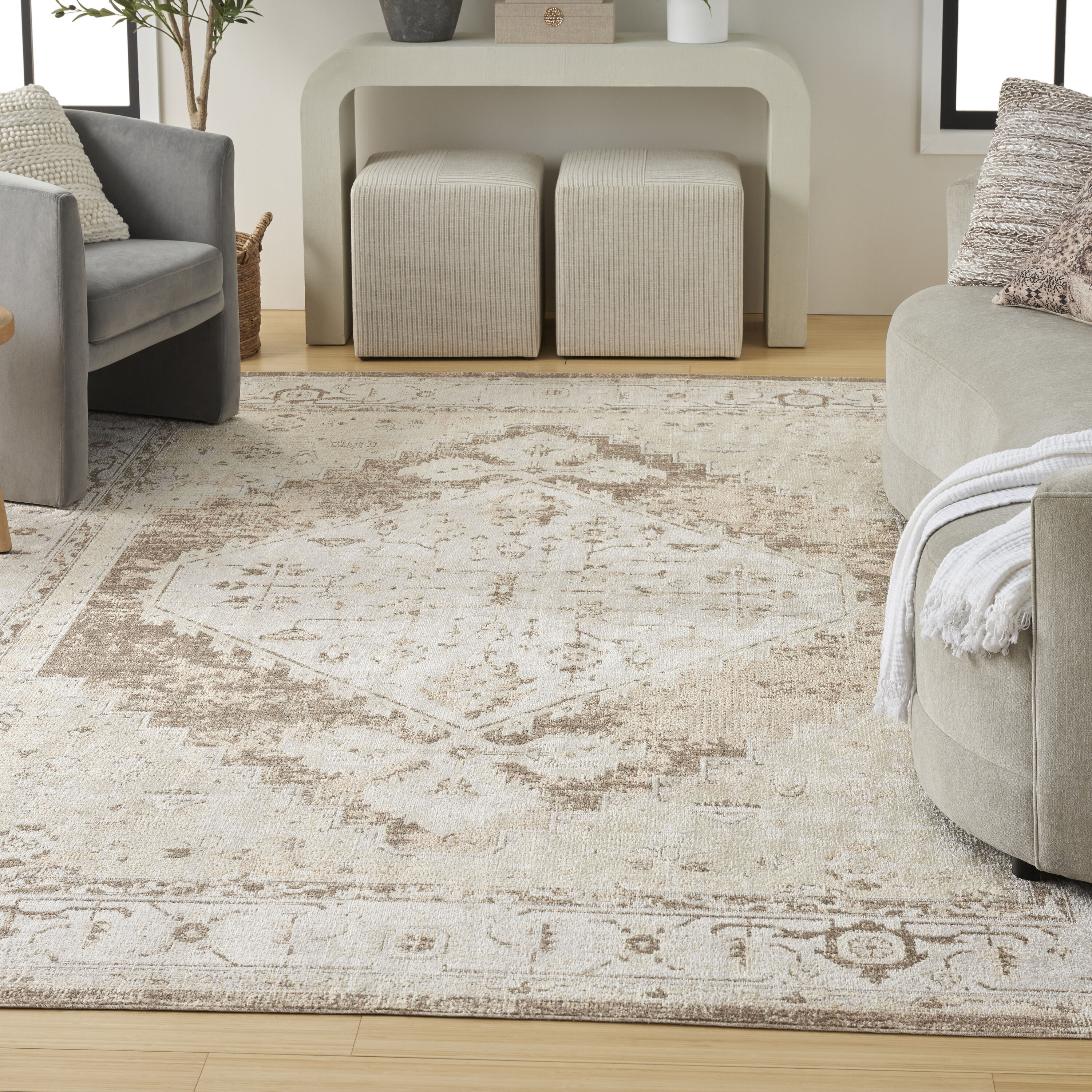 Astra Beige Floral Synthetic Rectangular Washable Area Rug