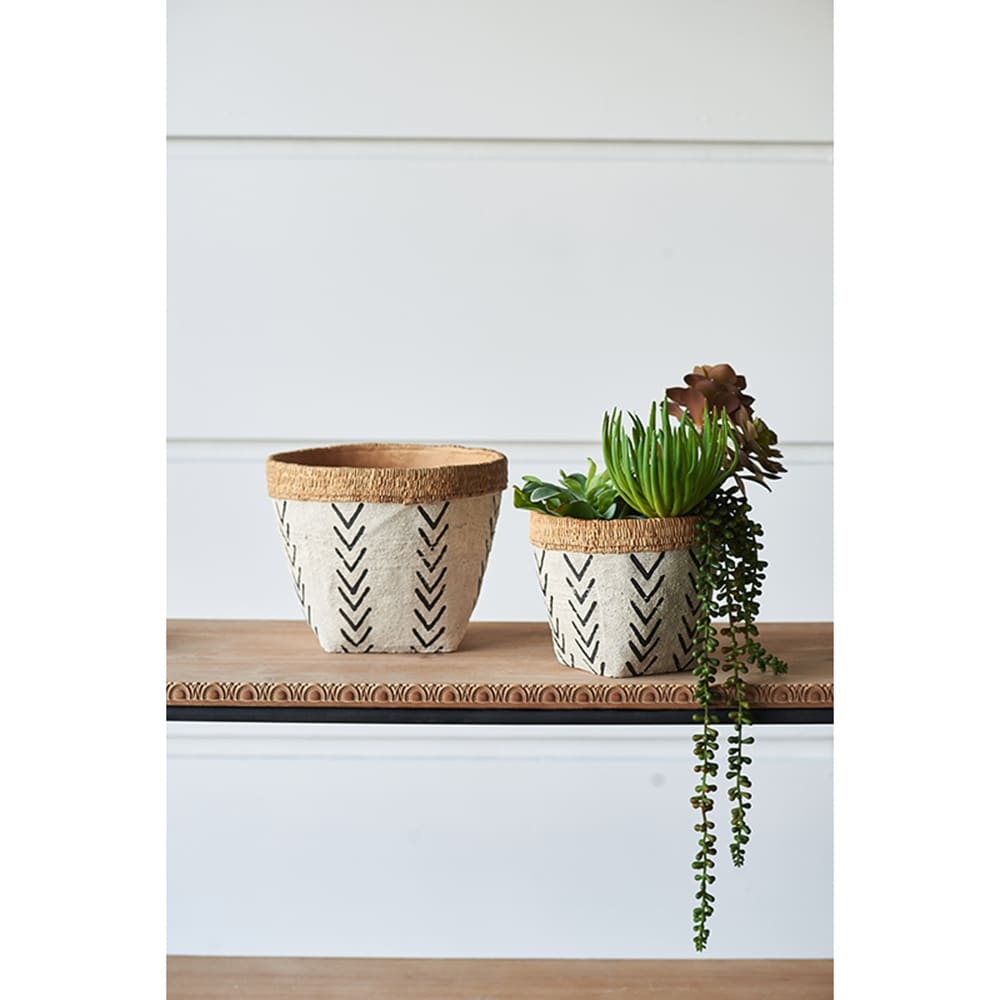 LOVMOR SF-H-W2078P322889 Ethnic-Inspired Organic Planters with Black V-Pattern White Exterior and Cement Base