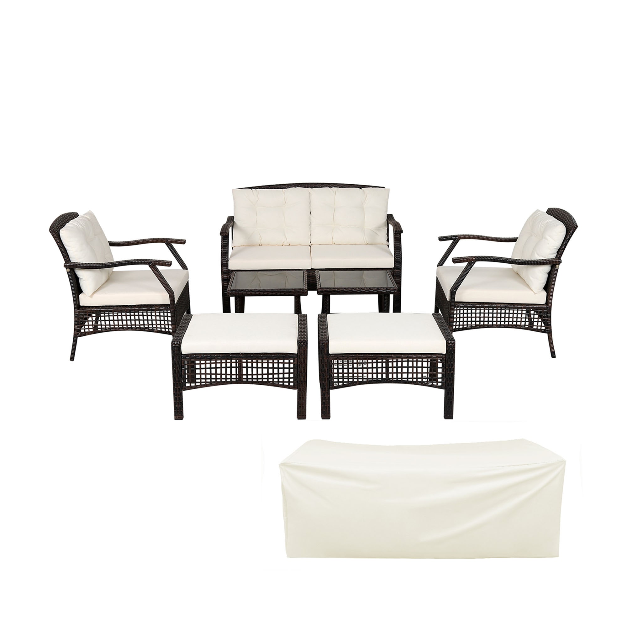 CASAINC CA-3502BC 7 Pieces Outdoor Patio Furniture Set with Waterproof Cover 7 -Piece Rattan Patio Conversation Set with Brown Cushions
