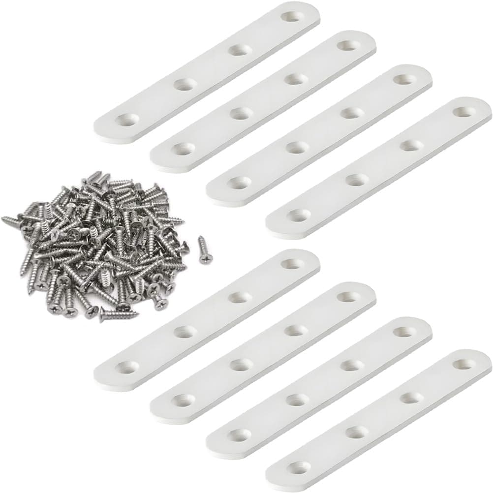 Phewnyzo  8 Pack 4 Inch Flat Bracket Straight Brace White Stainless Steel Heavy Duty Repair Brackets for Wood with Mounting Screws