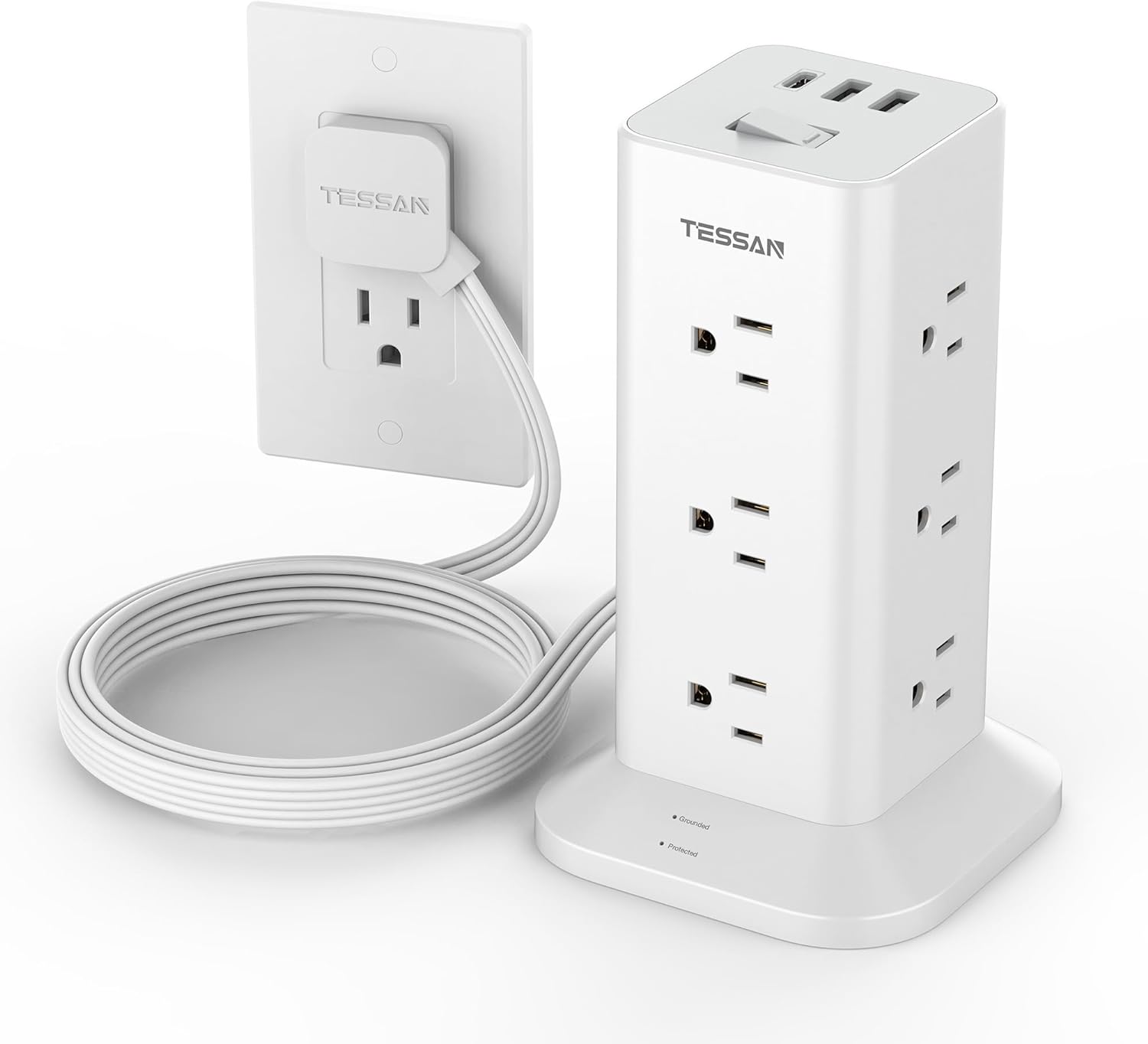 LENCENT Flat Plug Extension Cord 5 ft Outlet Extender 3 AC Outlets 3 USB Compact Power Strip for Home Office Dorm Travel