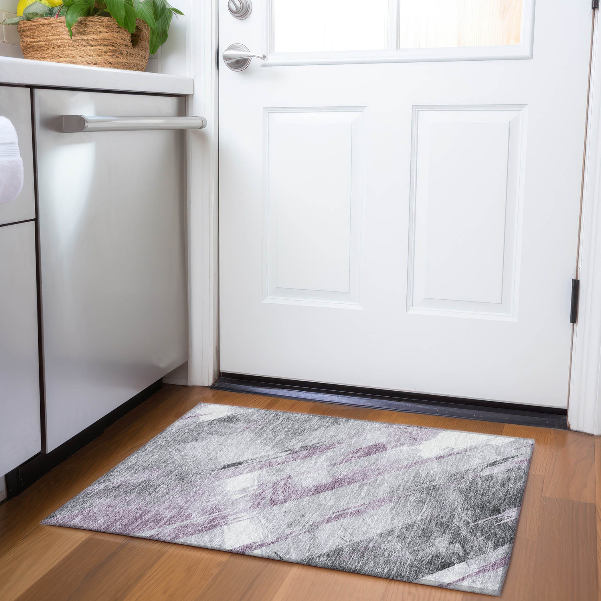 Lavender and Gray Synthetic Flat Woven Washable Rug