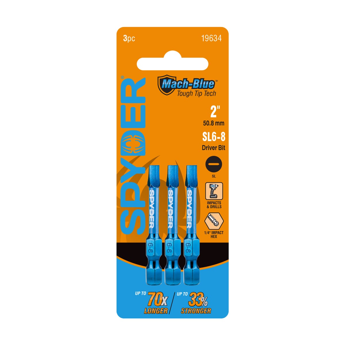 Spyder 19634 Mach-Blue 1/4-in x 2-in Slotted Impact Driver Bit 3 -Piece