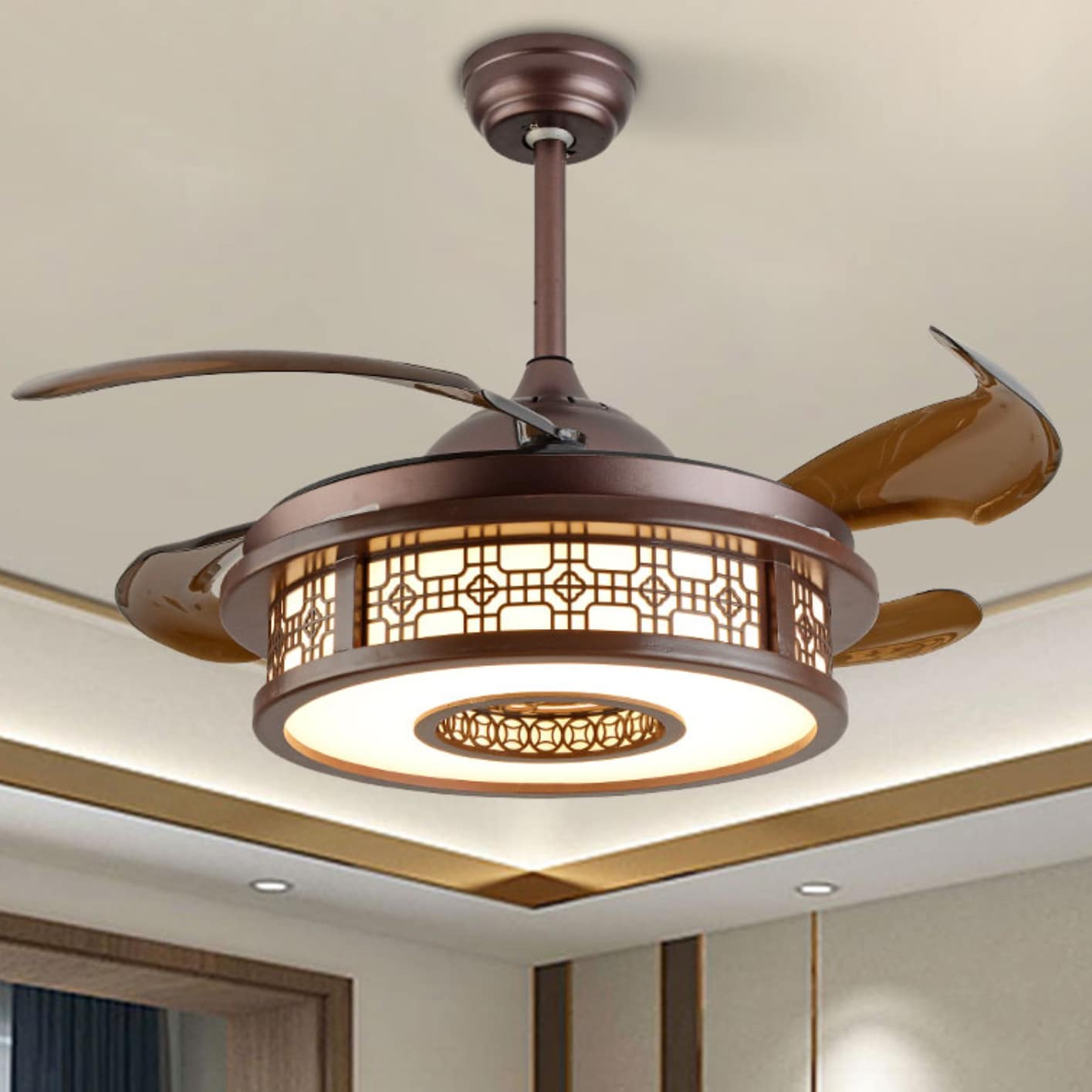 Oukaning HG-HCXLST-6118-US 42-in Color-Changing Integrated LED Retractable Coffee Brown with ABS Blades Chandelier Ceiling Fan With Light - Remote Included ( 4 -Blade )