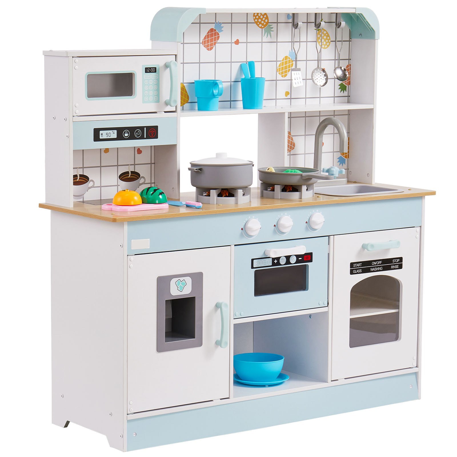 SUGIFT - Wooden Kids Kitchen Playset with Lights Sounds Sink Oven Ice Maker and 24 Piece Accessor...
