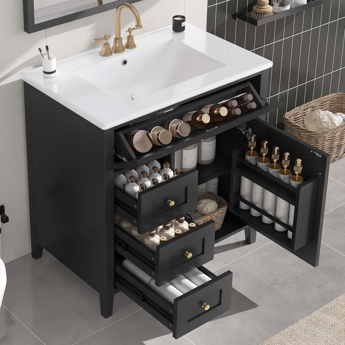 ModernLuxe Assembly Required 30-Inch Black Bathroom Vanity with Sink Modern MDF and Rubberwood Cabinet with 3 Drawers and Adjustable Shelf Freestanding Vanity for Bathroom Storage and Organization