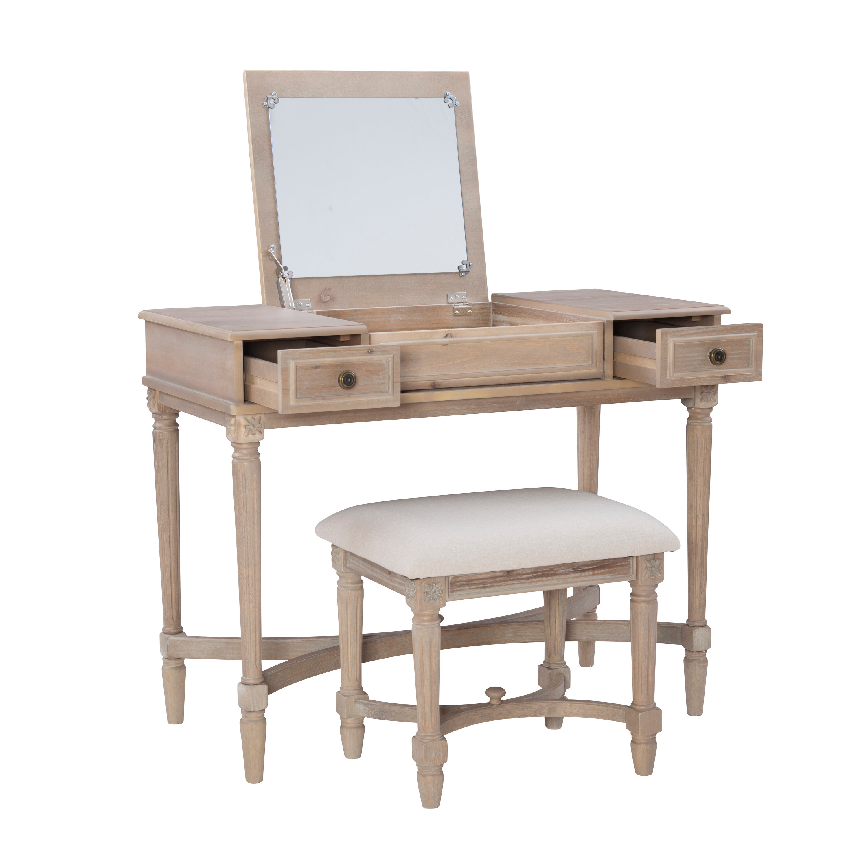 Linon Cyndi Grey Wash Vanity Set with Mirror - Traditional Style, Solid ...