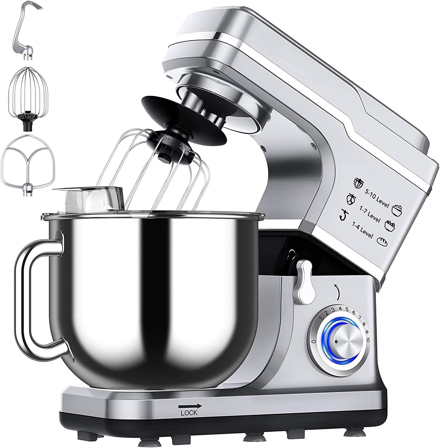 Qeetex JBJ-PHO-0PKEYGKY Tilt Head Stand Mixer 75Qt 660W 10 Speed Electric Kitchen Mixer With Whisk Dough Hook Flat Beater Splash Proof Cover Dishwasher Safe Silver Us Standard 42x40x15cm