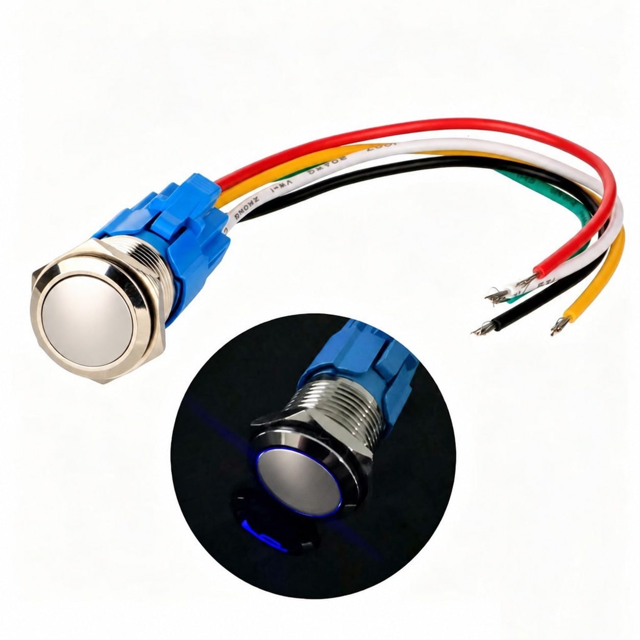 Aoibox  12V 24V 5A 16mm Prewired Momentary Push Button Switch Waterproof Metal with Blue LED Light for Car or Boat Speaker Horn On Off Control