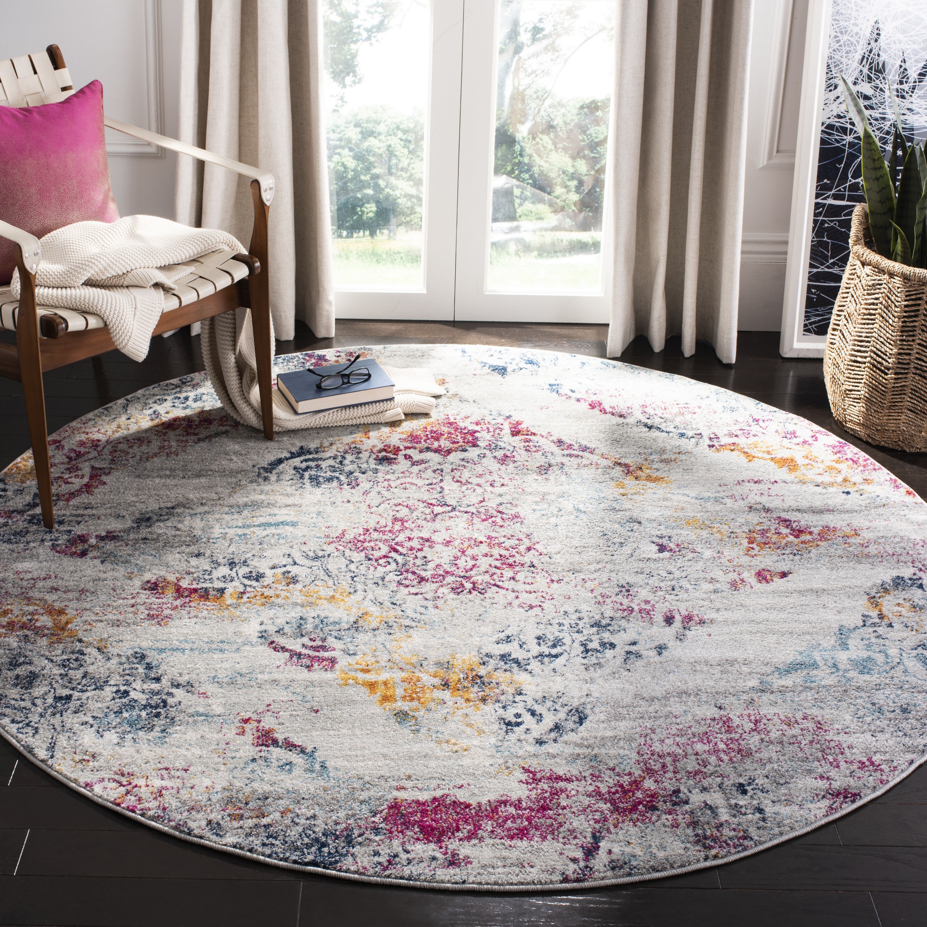 Safavieh MAD157R-7R Madison Sherat 7 x 7 (ft) Loomed Polypropylene Light Gray/Fuchsia Round Indoor Distressed/Overdyed Bohemian/Eclectic Area rug
