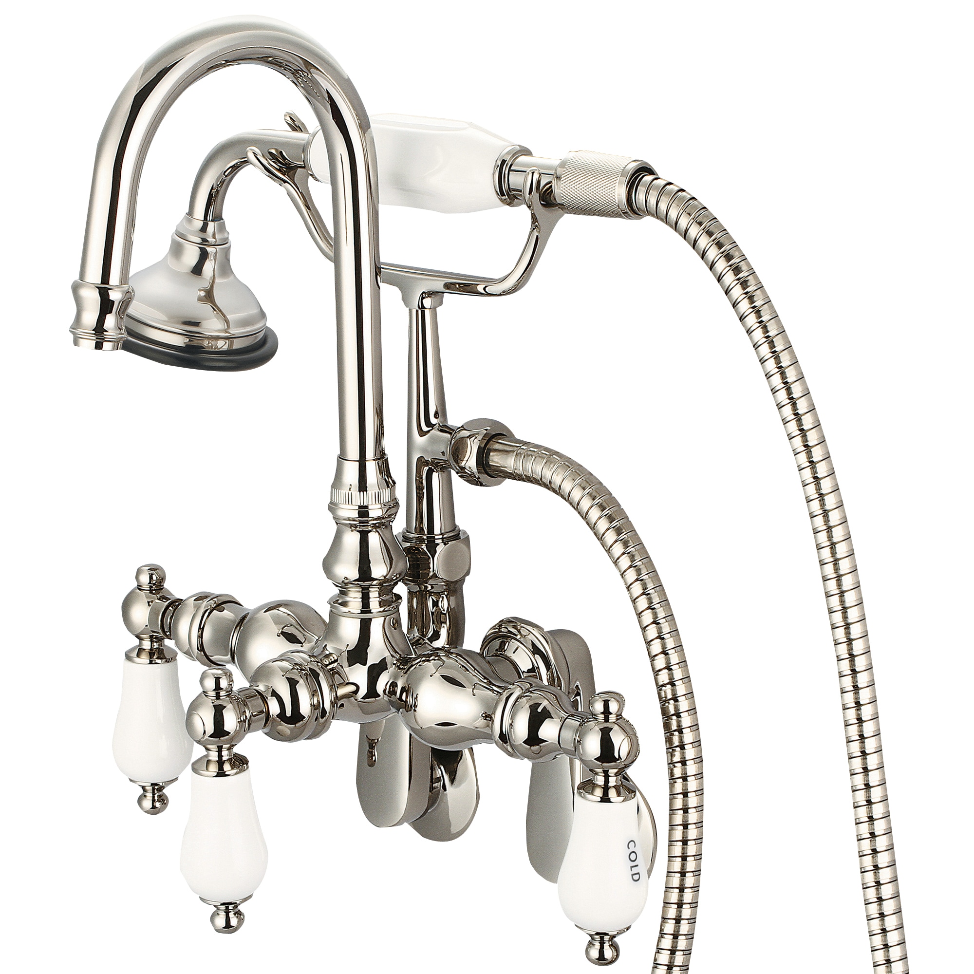 Water Creation F6-0011-05-CL F6 Polished Nickel 3-handle Deck-mount Roman High-arc Bathtub Faucet with Hand Shower