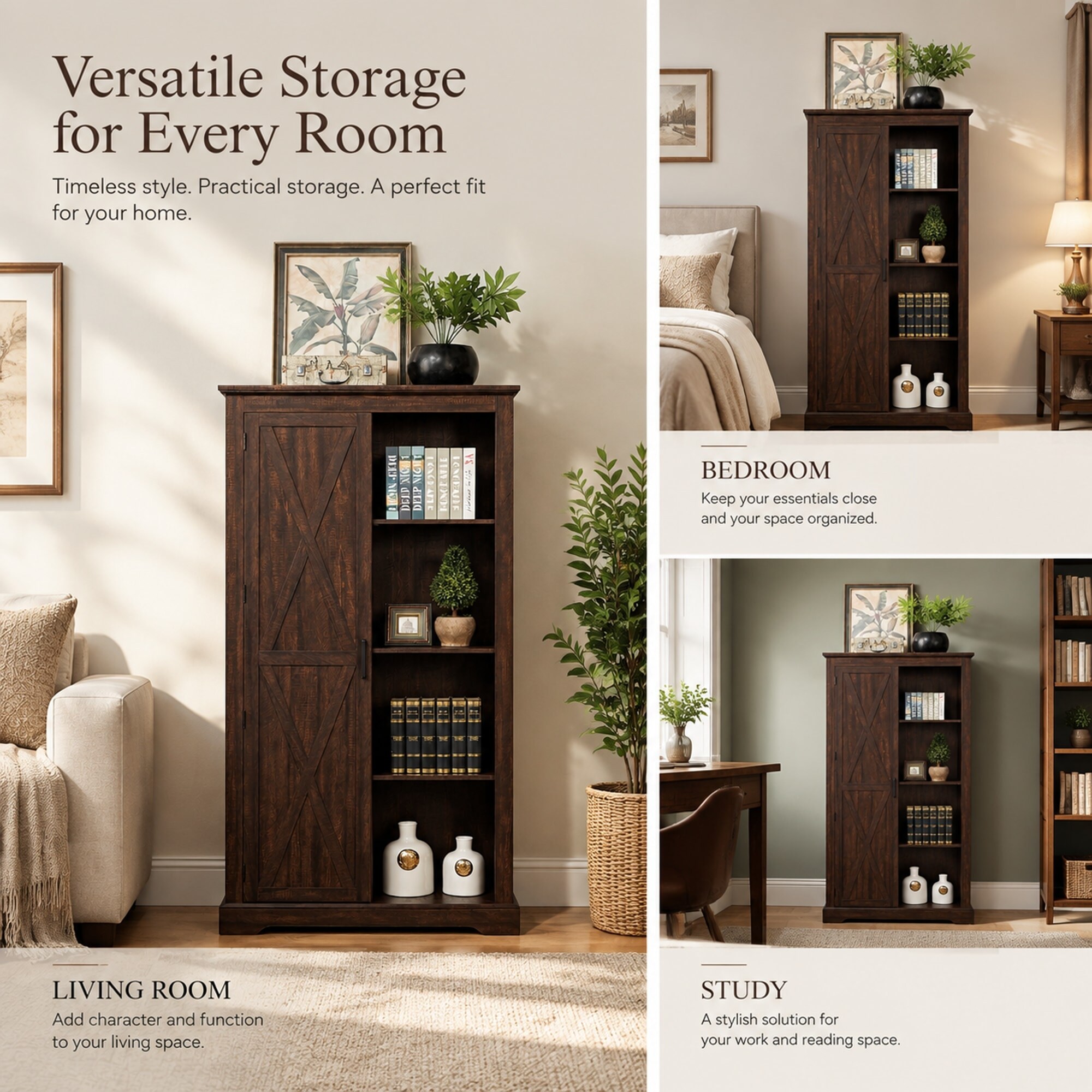 TEINIE Tall Storage Cabinet Barn Door Farmhouse Pantry Cupboard Rustic ...