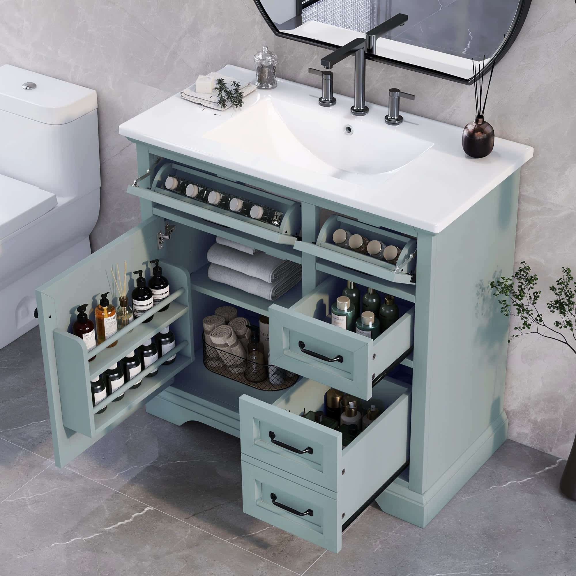 Roomfitters  Bathroom Vanity with Sink Ceramic Basin with Two Tipout Drawers and Soft Close Door Hinges Green