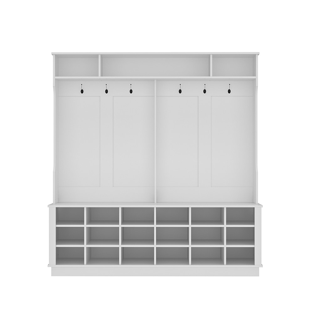  V-KF020268-01 Extra Wide Modern Hall Tree with Storage Bench 4 in 1 Entryway Bench with Coat Rack Tall Hall Tree with 6 Metal Hooks Shelves 18 Storage Cubes
