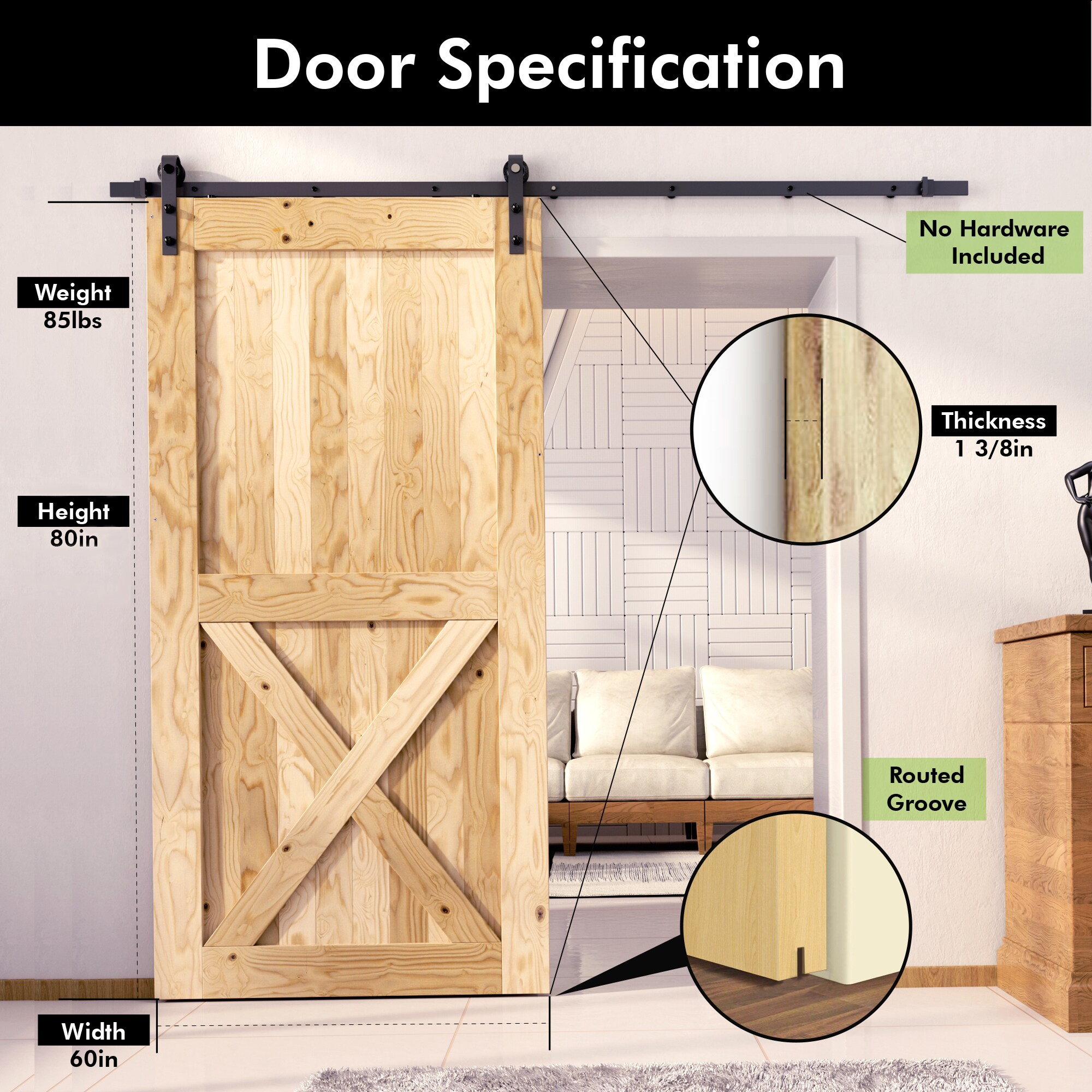 80" Solid Pine Wood Unfinished Sliding Barn Door